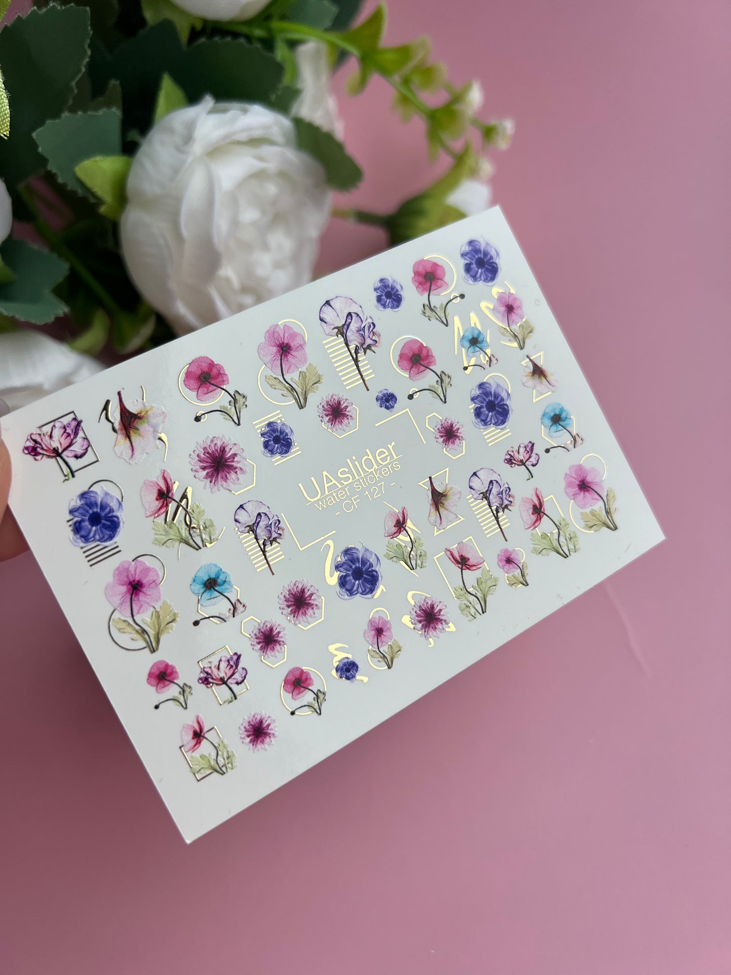 Nagel Wasserabziehbild CF-127 | Florale Nagel Wasserabziehbilder | Rosa, Blaue & Lila Blumen mit Geometrischen Goldakzenten