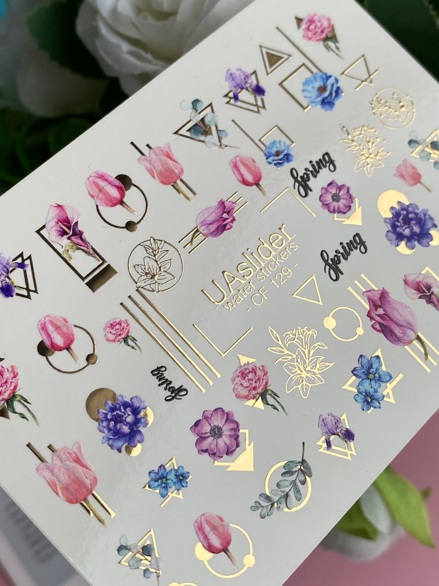 Nagel Wasserabziehbild CF-129 | Florale Wasser-Schiebefolien für Nägel | Tulpen, Pfingstrosen & Frühlingsblumen mit geometrischen Akzenten