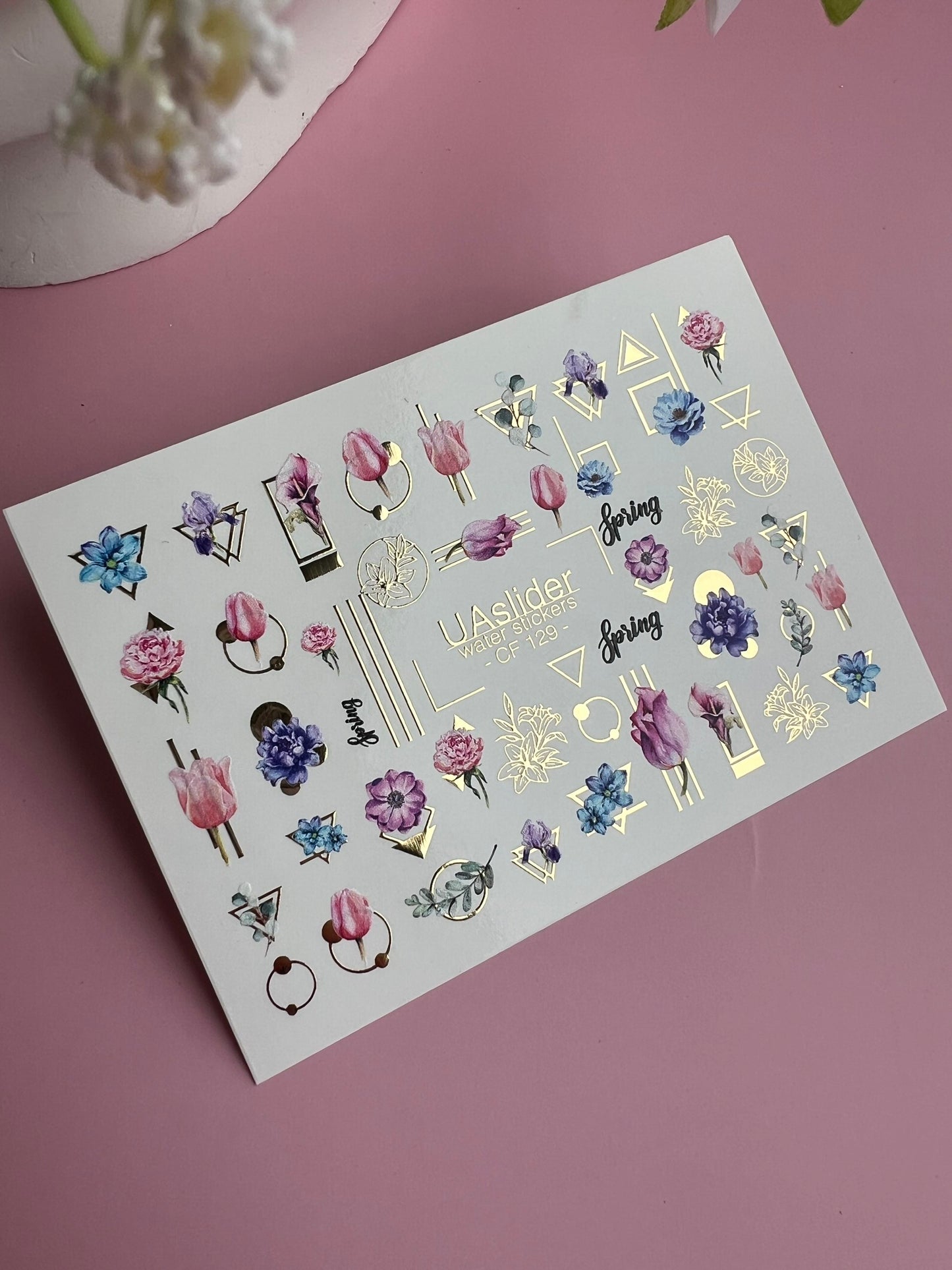 Nagel Wasserabziehbild CF-129 | Florale Wasser-Schiebefolien für Nägel | Tulpen, Pfingstrosen & Frühlingsblumen mit geometrischen Akzenten