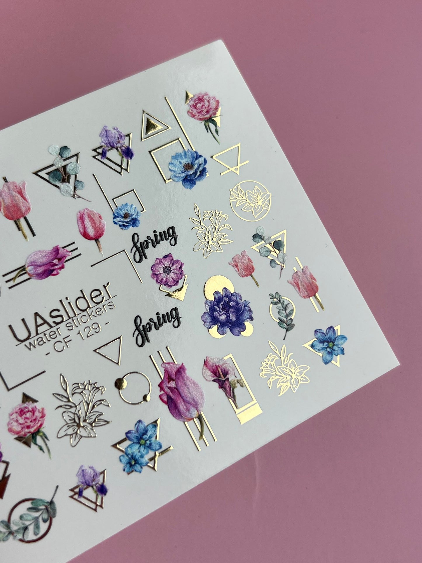 Nagel Wasserabziehbild CF-129 | Florale Wasser-Schiebefolien für Nägel | Tulpen, Pfingstrosen & Frühlingsblumen mit geometrischen Akzenten