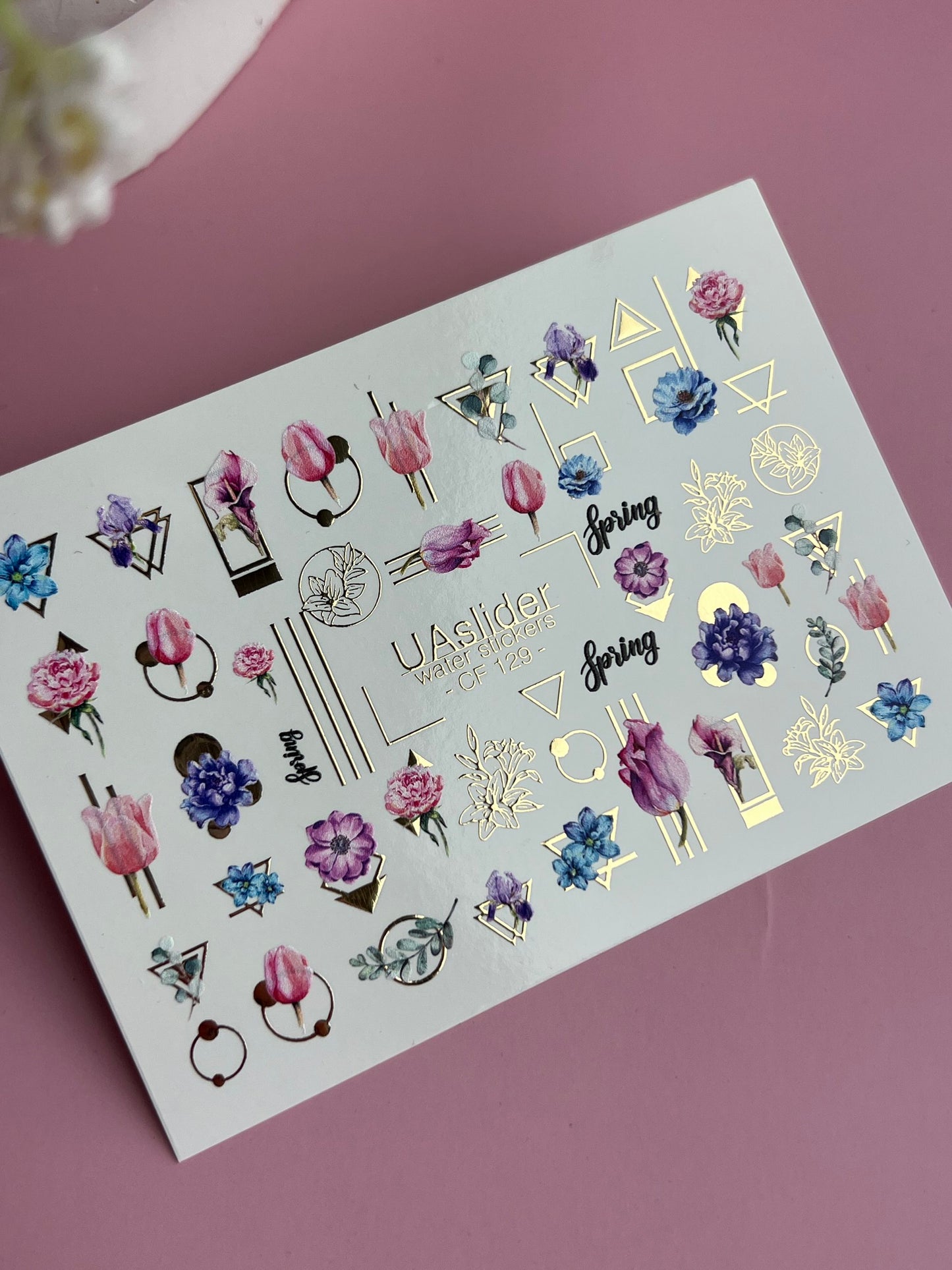Nagel Wasserabziehbild CF-129 | Florale Wasser-Schiebefolien für Nägel | Tulpen, Pfingstrosen & Frühlingsblumen mit geometrischen Akzenten