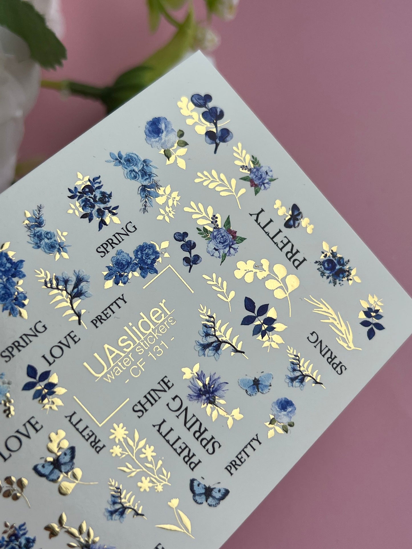 Nagel-Wasserabziehbild CF-131 | Florale Wasser-Schiebefolien für Nägel | Blaue Kornblumen, Wildblumen & Schmetterlinge