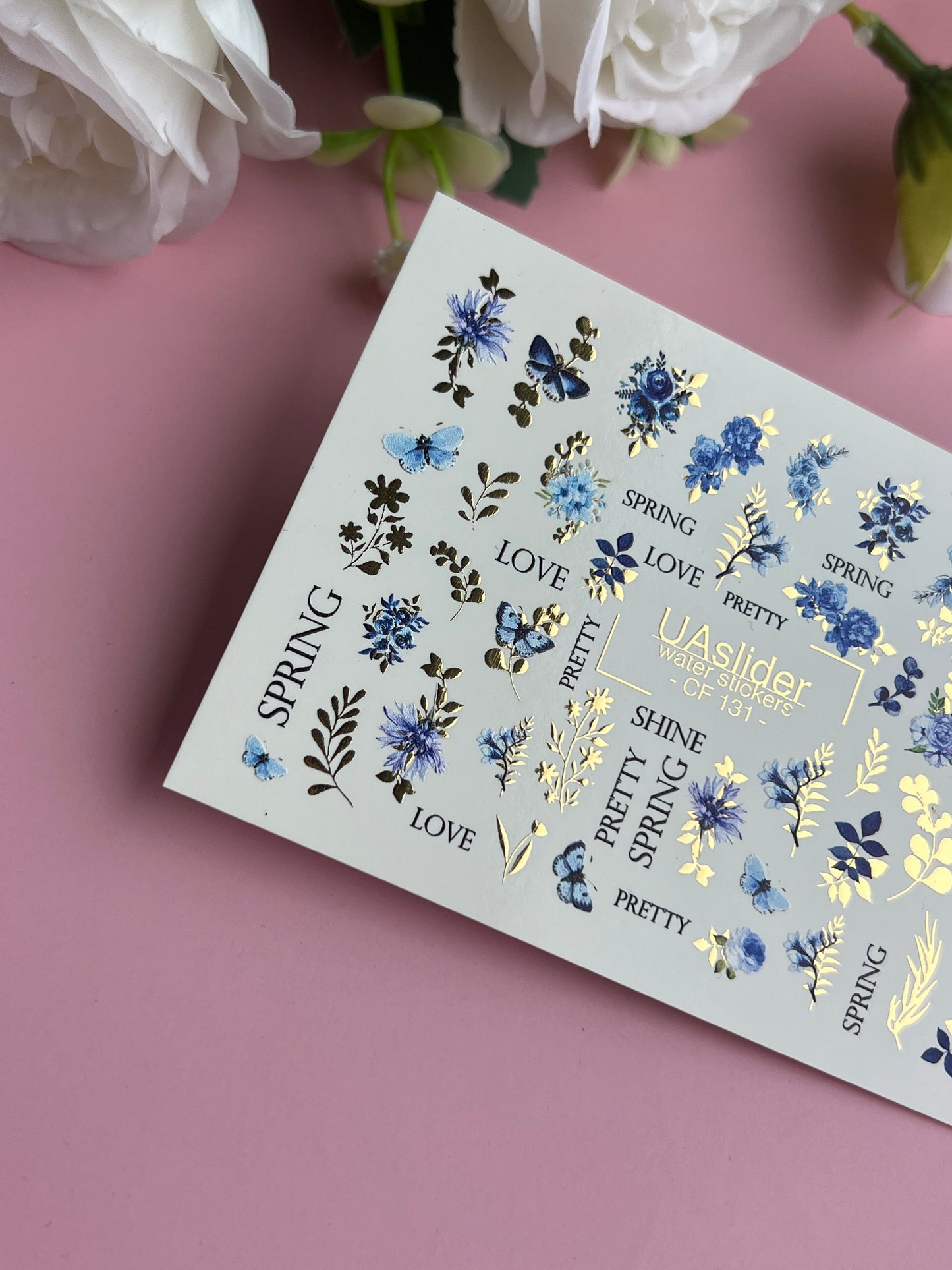 Nagel-Wasserabziehbild CF-131 | Florale Wasser-Schiebefolien für Nägel | Blaue Kornblumen, Wildblumen & Schmetterlinge
