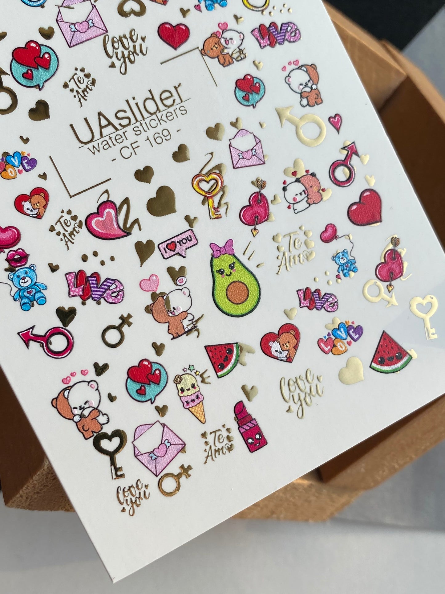 Nagel Water Decal CF-169 | Schattige Liefde Nagel Water Decals | Beren, Harten & Avocado