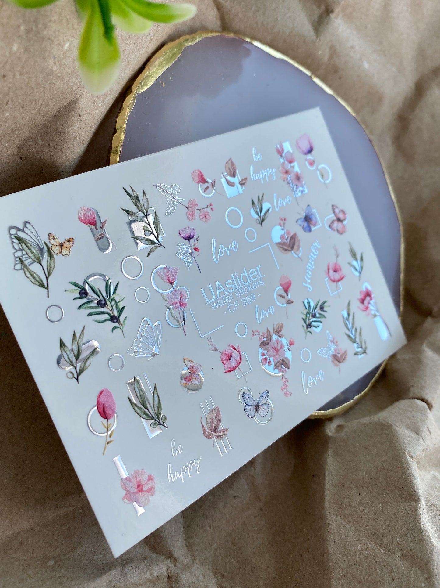 Décalcomanie d'eau pour ongles CF-369 | Décalcomanies à glisser pour ongles | Fleurs, papillons et motifs géométriques | Citations d'amour et de bonheur