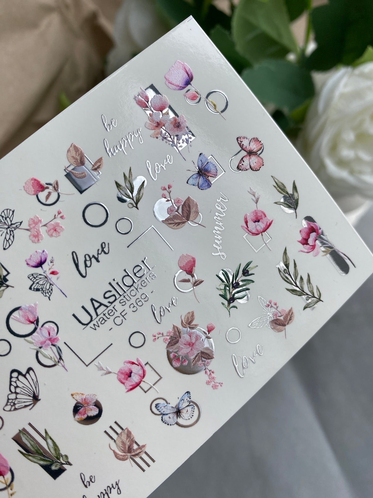 Décalcomanie d'eau pour ongles CF-369 | Décalcomanies à glisser pour ongles | Fleurs, papillons et motifs géométriques | Citations d'amour et de bonheur
