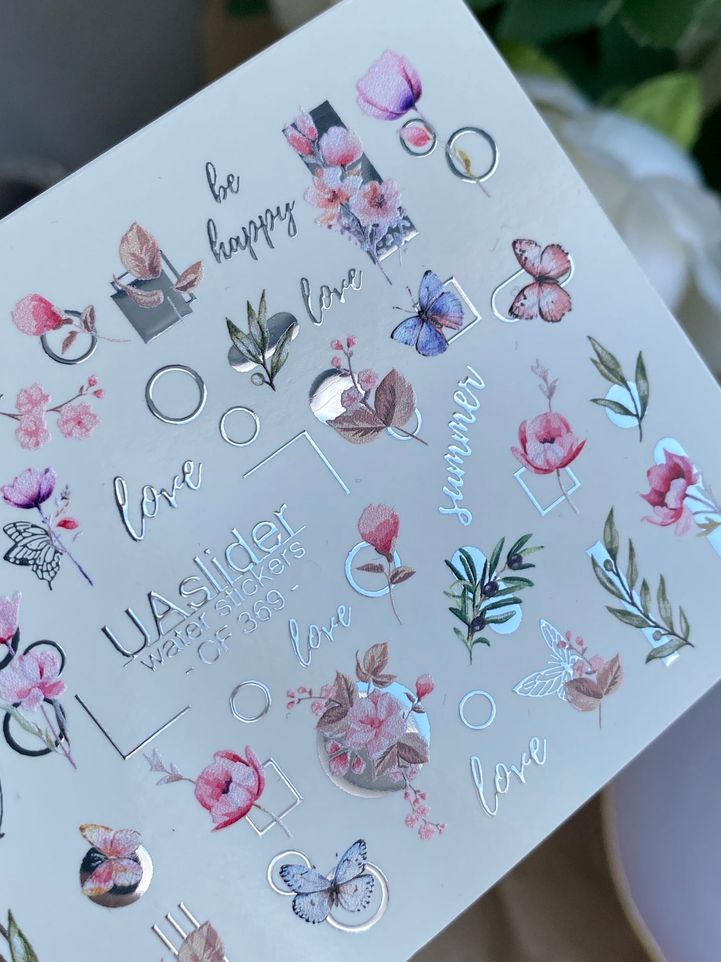 Décalcomanie d'eau pour ongles CF-369 | Décalcomanies à glisser pour ongles | Fleurs, papillons et motifs géométriques | Citations d'amour et de bonheur