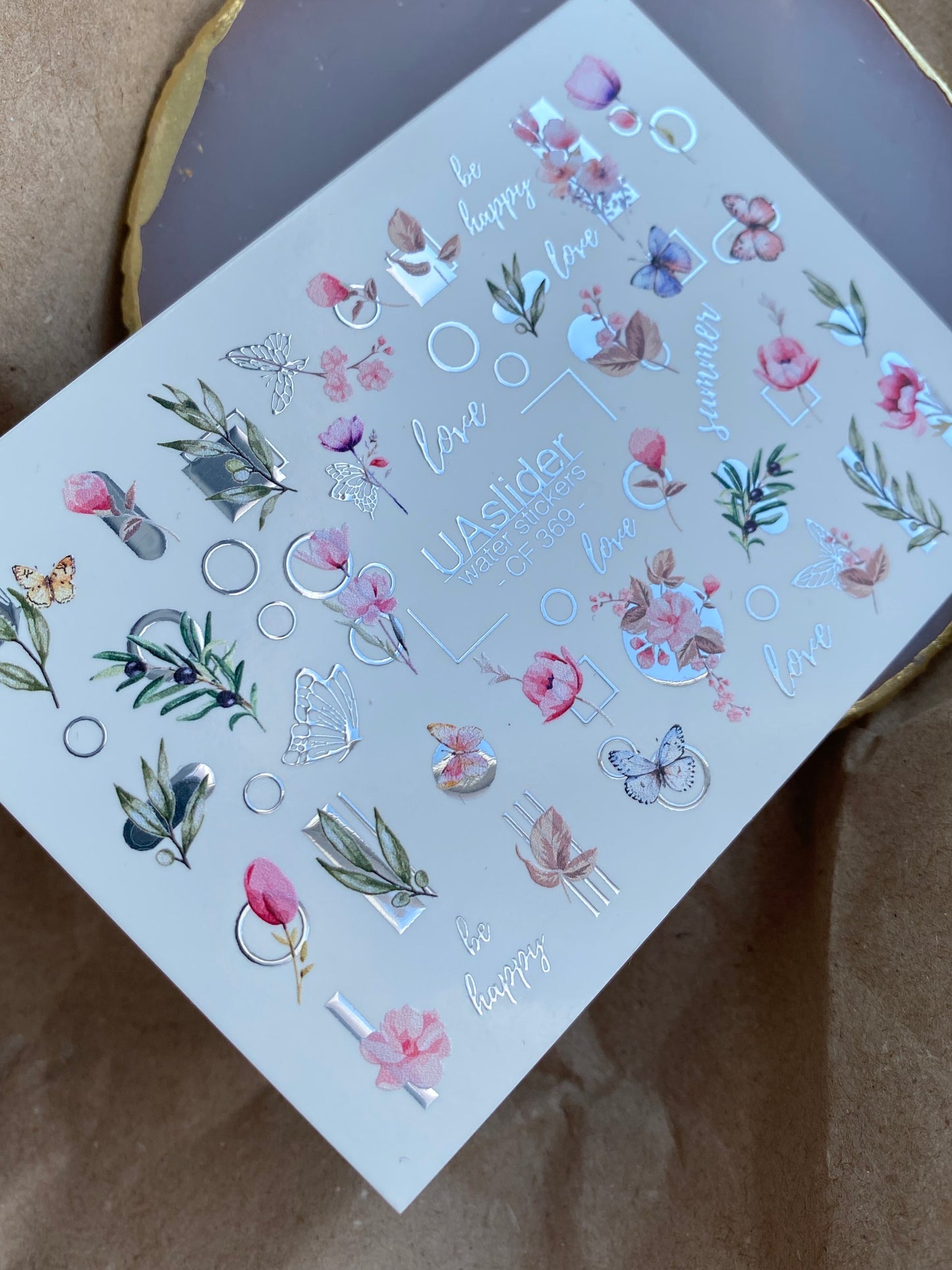 Décalcomanie d'eau pour ongles CF-369 | Décalcomanies à glisser pour ongles | Fleurs, papillons et motifs géométriques | Citations d'amour et de bonheur