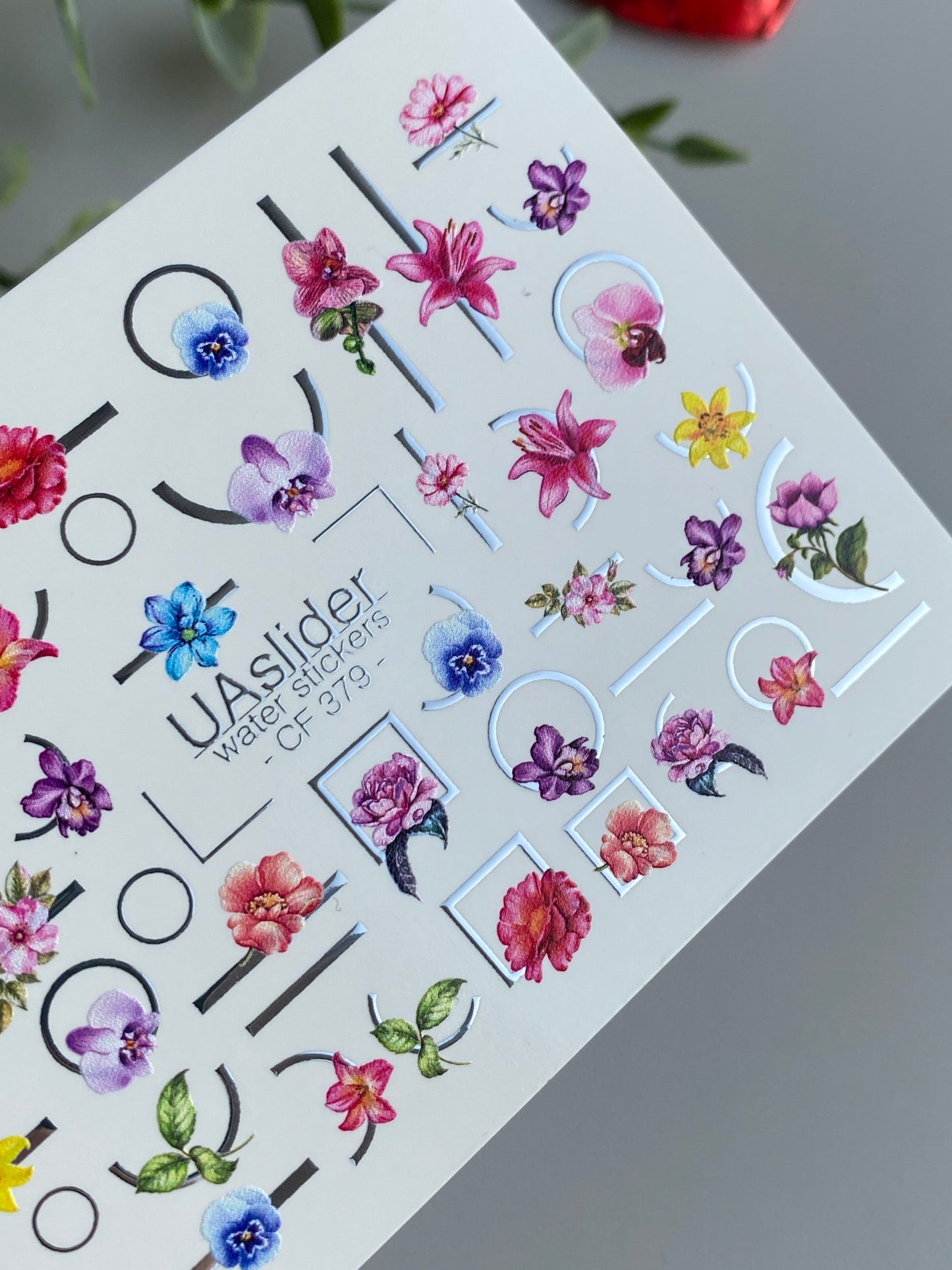 Nagel-Wasserabziehbild CF-379 | Bunte florale Wasser-Schiebefolien für Nägel | Orchideen mit geometrischen Akzenten