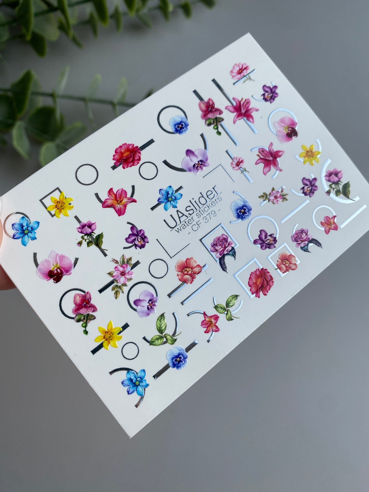 Nagel-Wasserabziehbild CF-379 | Bunte florale Wasser-Schiebefolien für Nägel | Orchideen mit geometrischen Akzenten