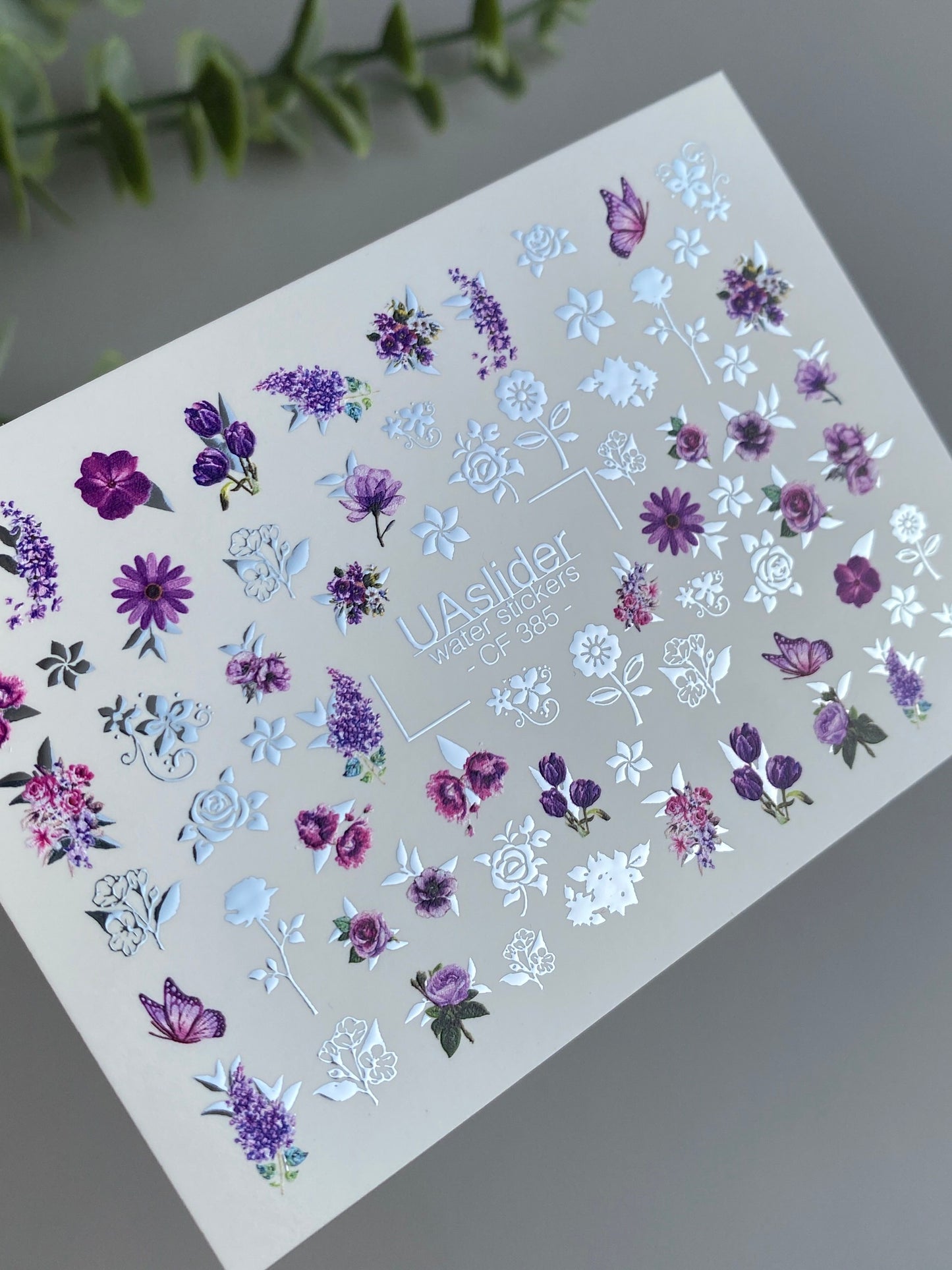 Décalcomanie d'eau pour ongles CF-385 | Décalcomanies d'eau pour ongles à glissière florale violette | Roses, lavande et papillons