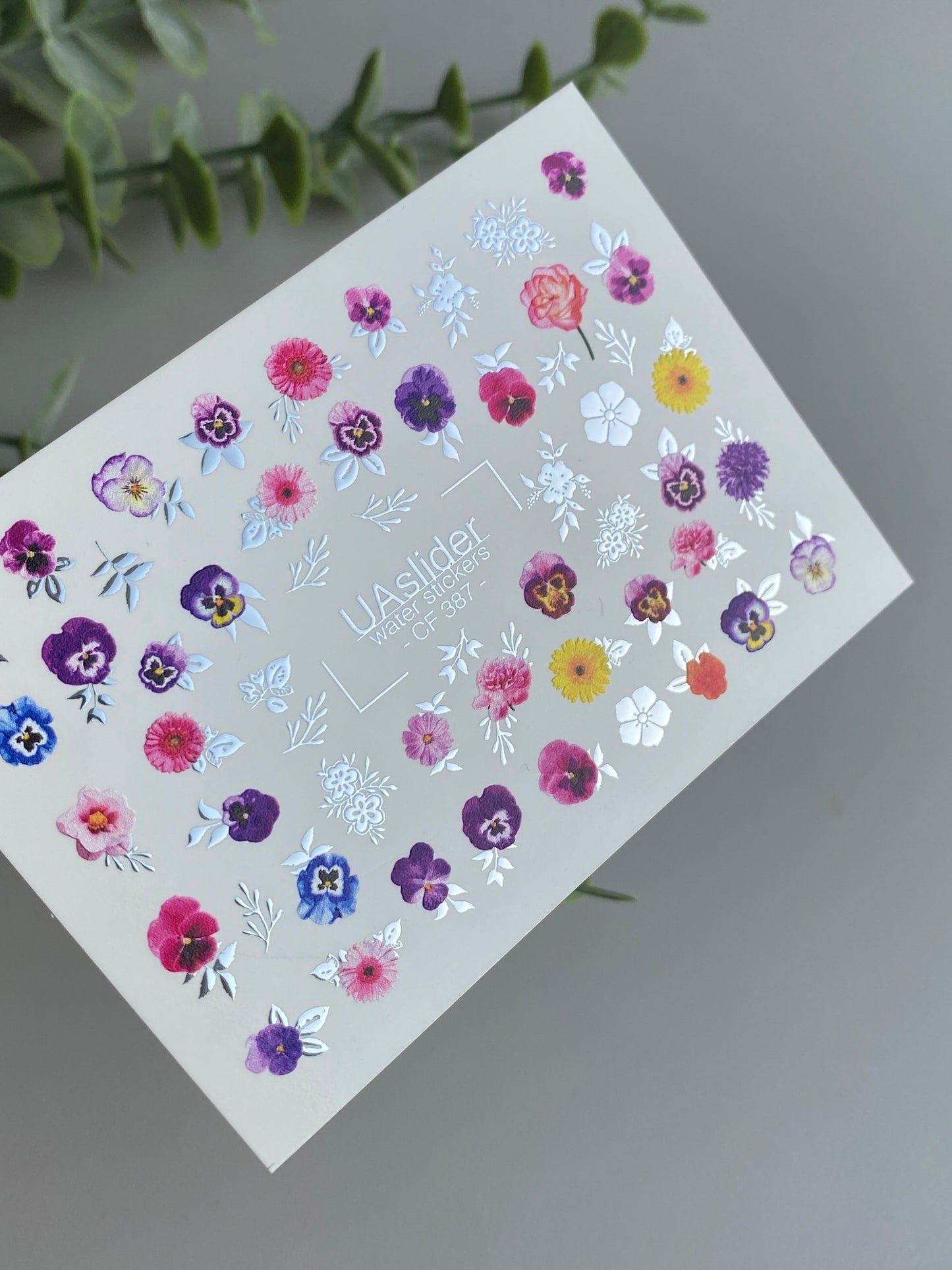Nagu ūdens uzlīme CF-387 | Krāsains dārza ūdens slīdēšanas nagu uzlīmes | Violetas, margrietiņas un savvaļas ziedi