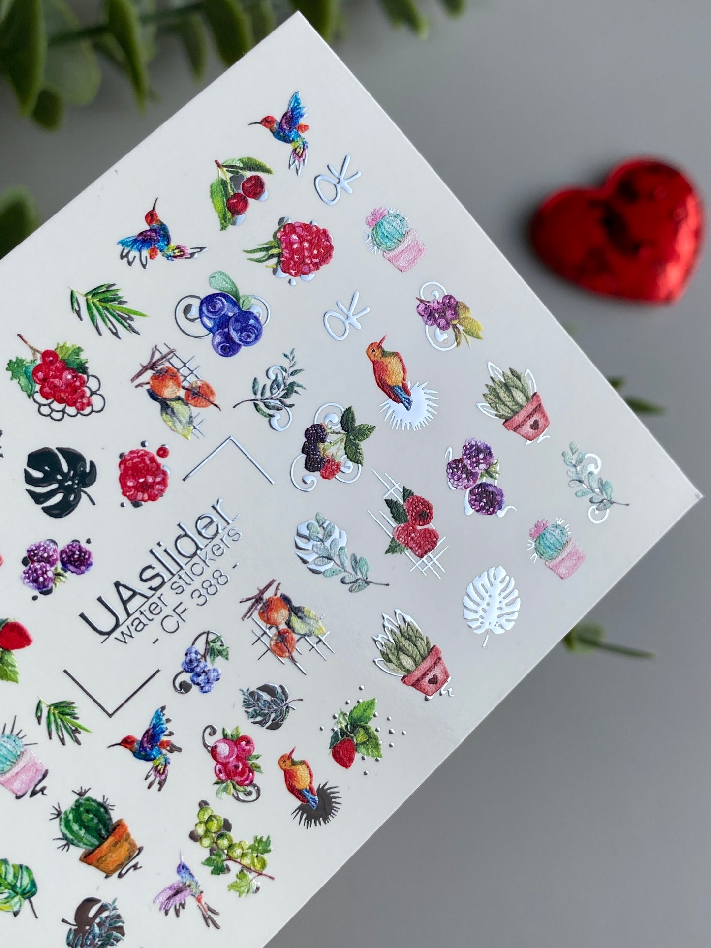 Nagel-Wasserabziehbild CF-388 | Tropische Wasserfolien-Nagelabziehbilder | Vögel, Kaktus und Beeren