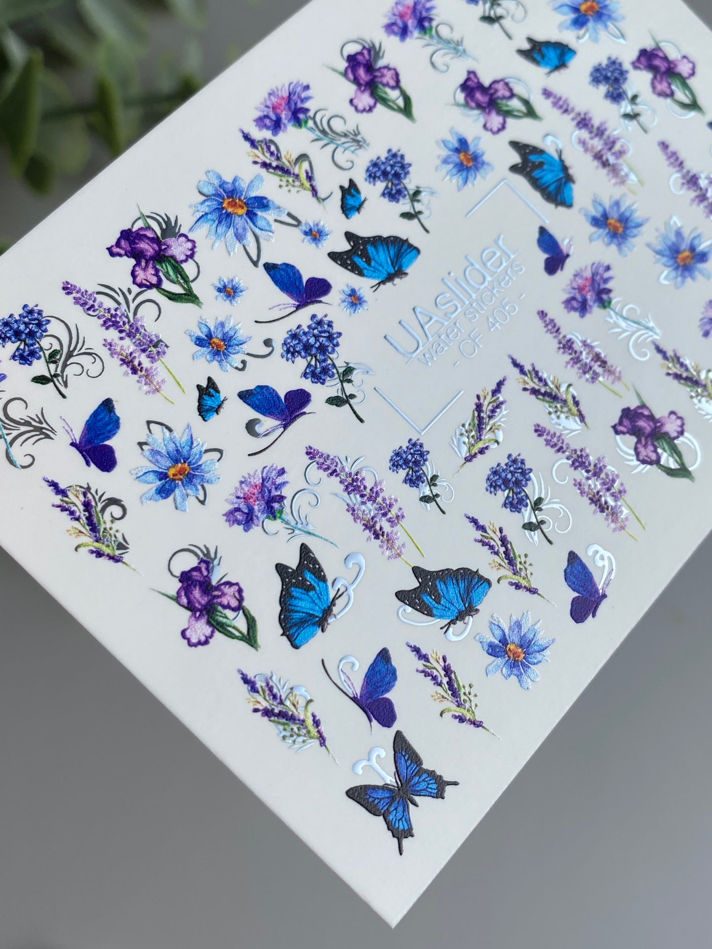 Nagel Wasserabziehbild CF-405 | Blaue Schmetterling & Blumen Wasserfolien Nagelabziehbilder | Sommergarten Nagelkunst