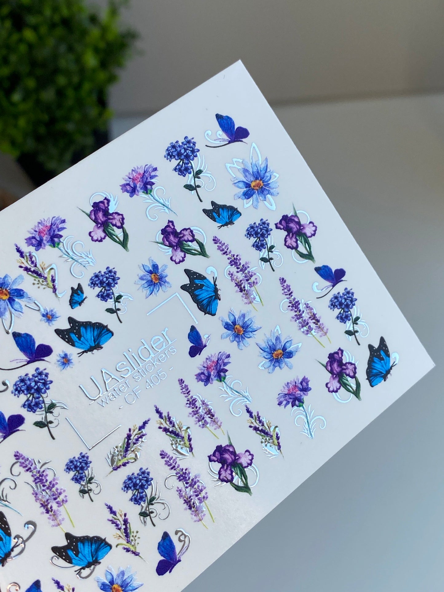 Nagel Wasserabziehbild CF-405 | Blaue Schmetterling & Blumen Wasserfolien Nagelabziehbilder | Sommergarten Nagelkunst