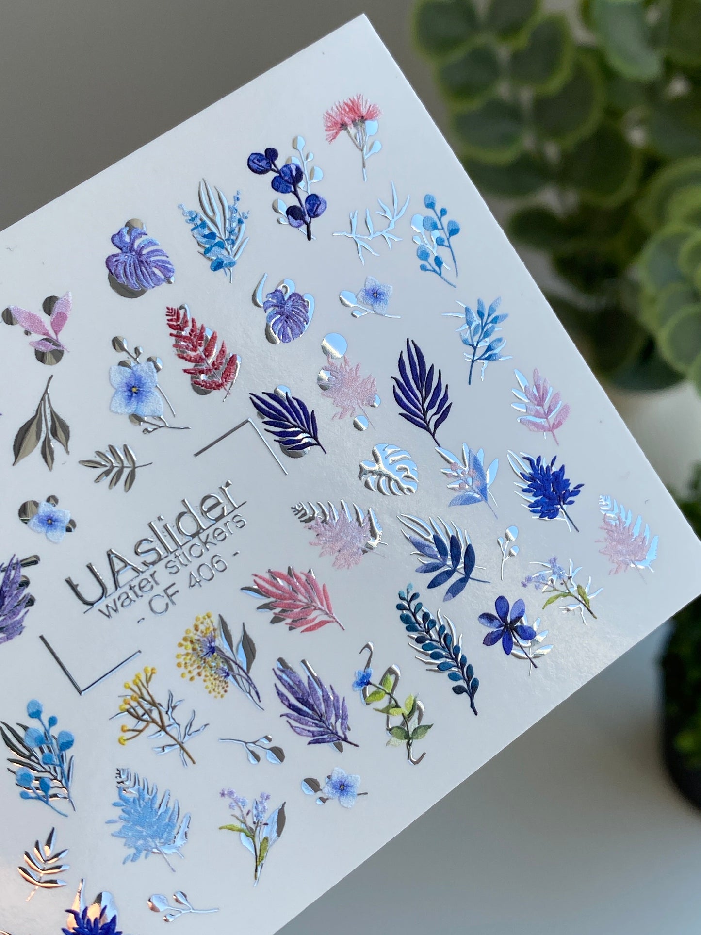 Nagų vandens lipdukas CF-406 | Botaninių lapų ir gėlių vandens slankiojo nagų lipdukai | Elegantiška augalų nagų dailė
