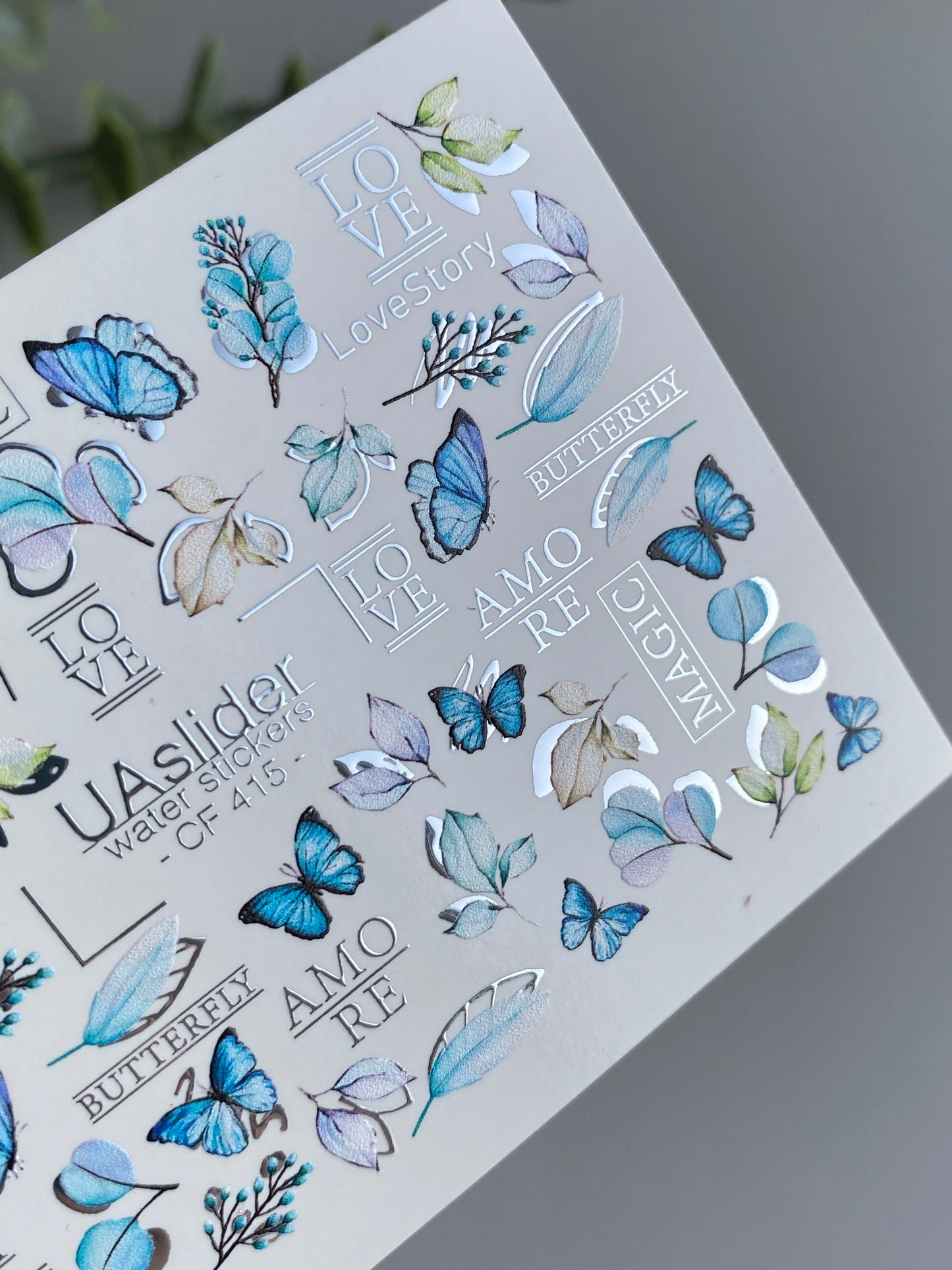 Nagel Wasserabziehbild CF-415 | Blaue Schmetterlinge & Botanische Wasserfolien Nagelabziehbilder | Romantische Liebesgeschichte Nagelkunst