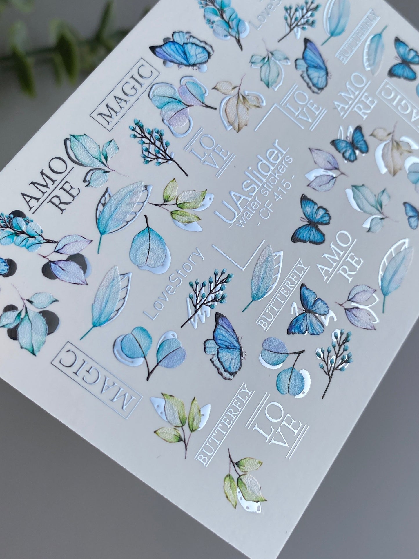 Nagel Wasserabziehbild CF-415 | Blaue Schmetterlinge & Botanische Wasserfolien Nagelabziehbilder | Romantische Liebesgeschichte Nagelkunst