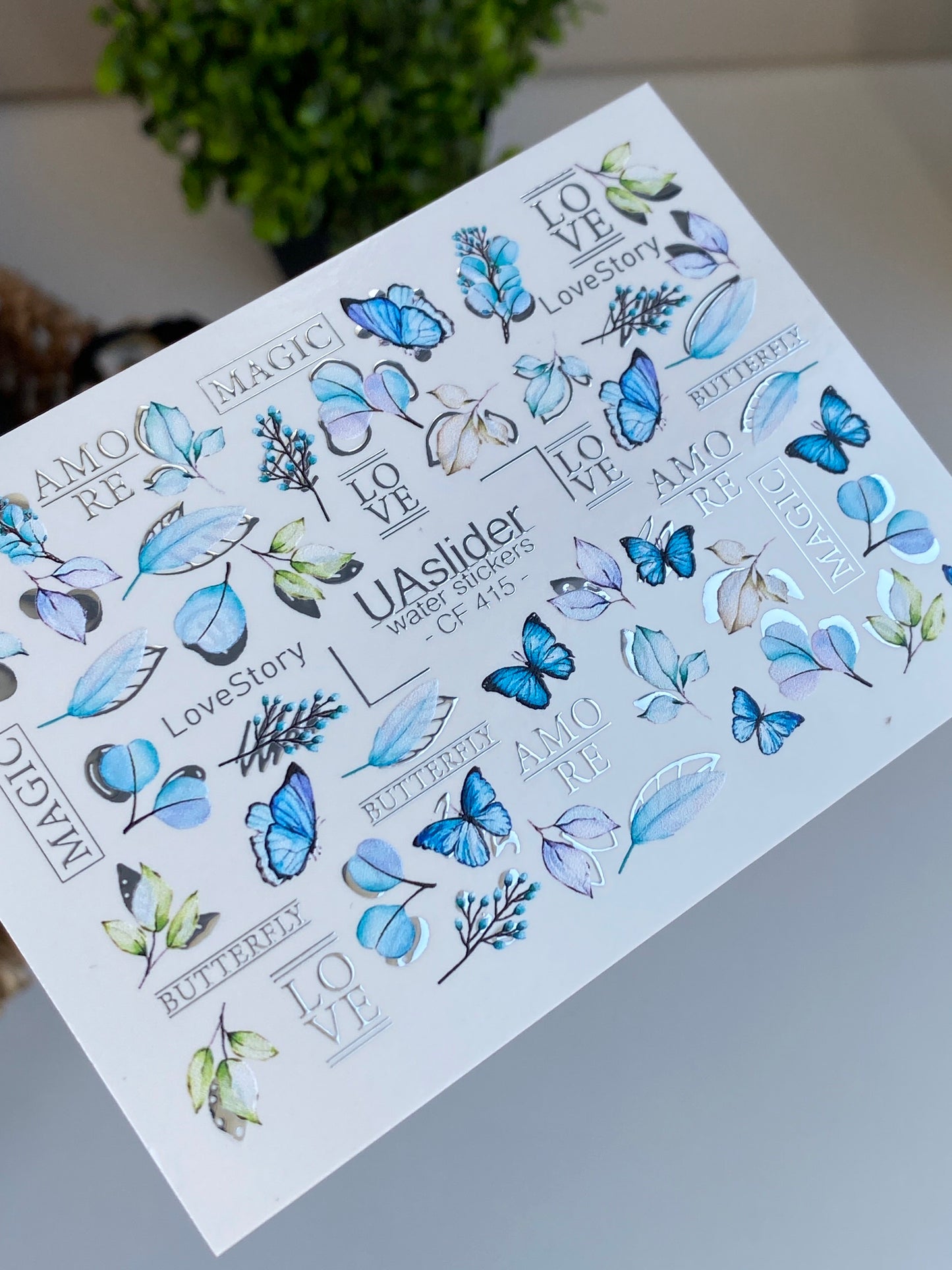 Nagel Wasserabziehbild CF-415 | Blaue Schmetterlinge & Botanische Wasserfolien Nagelabziehbilder | Romantische Liebesgeschichte Nagelkunst