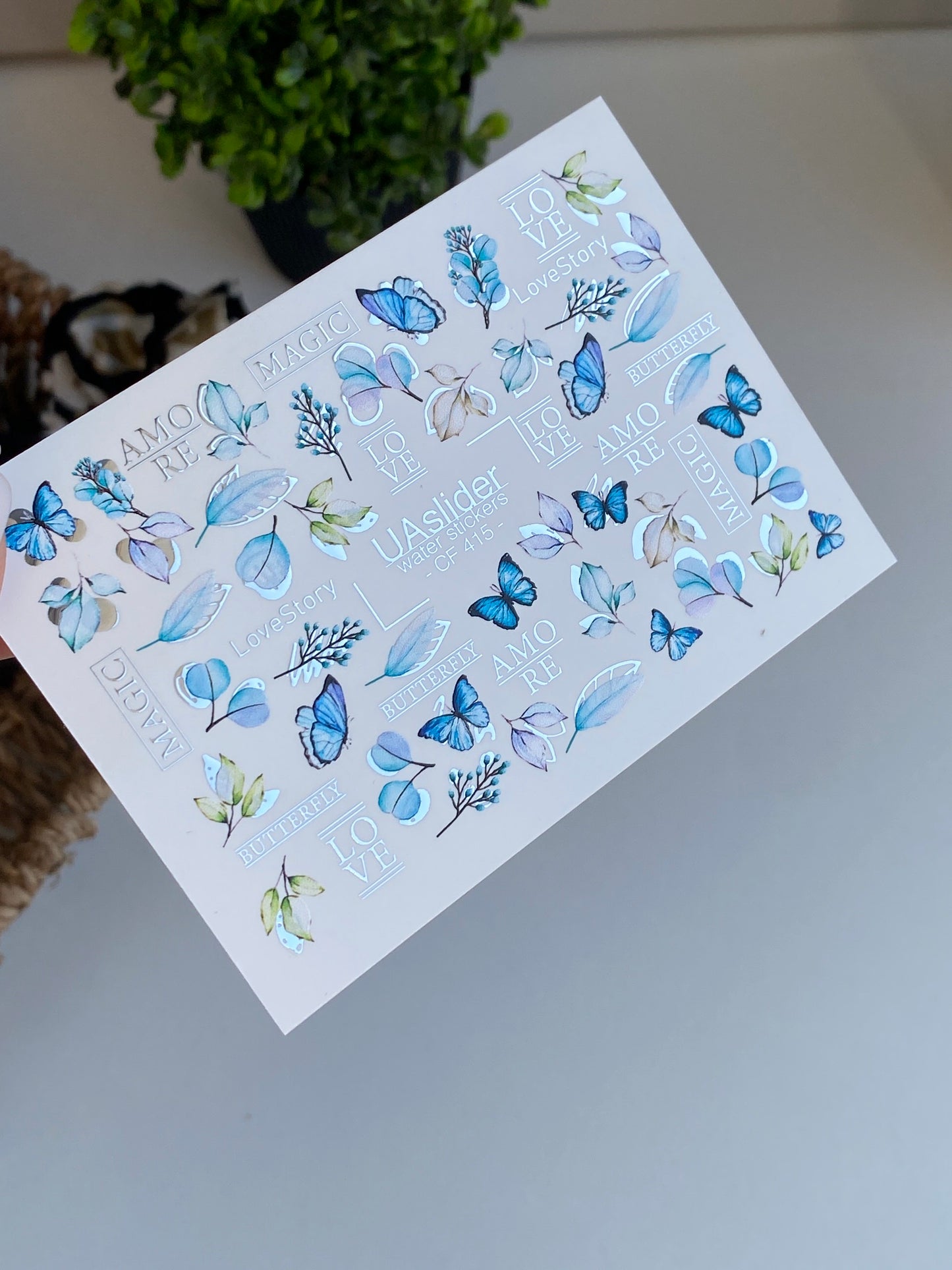Nagel Wasserabziehbild CF-415 | Blaue Schmetterlinge & Botanische Wasserfolien Nagelabziehbilder | Romantische Liebesgeschichte Nagelkunst