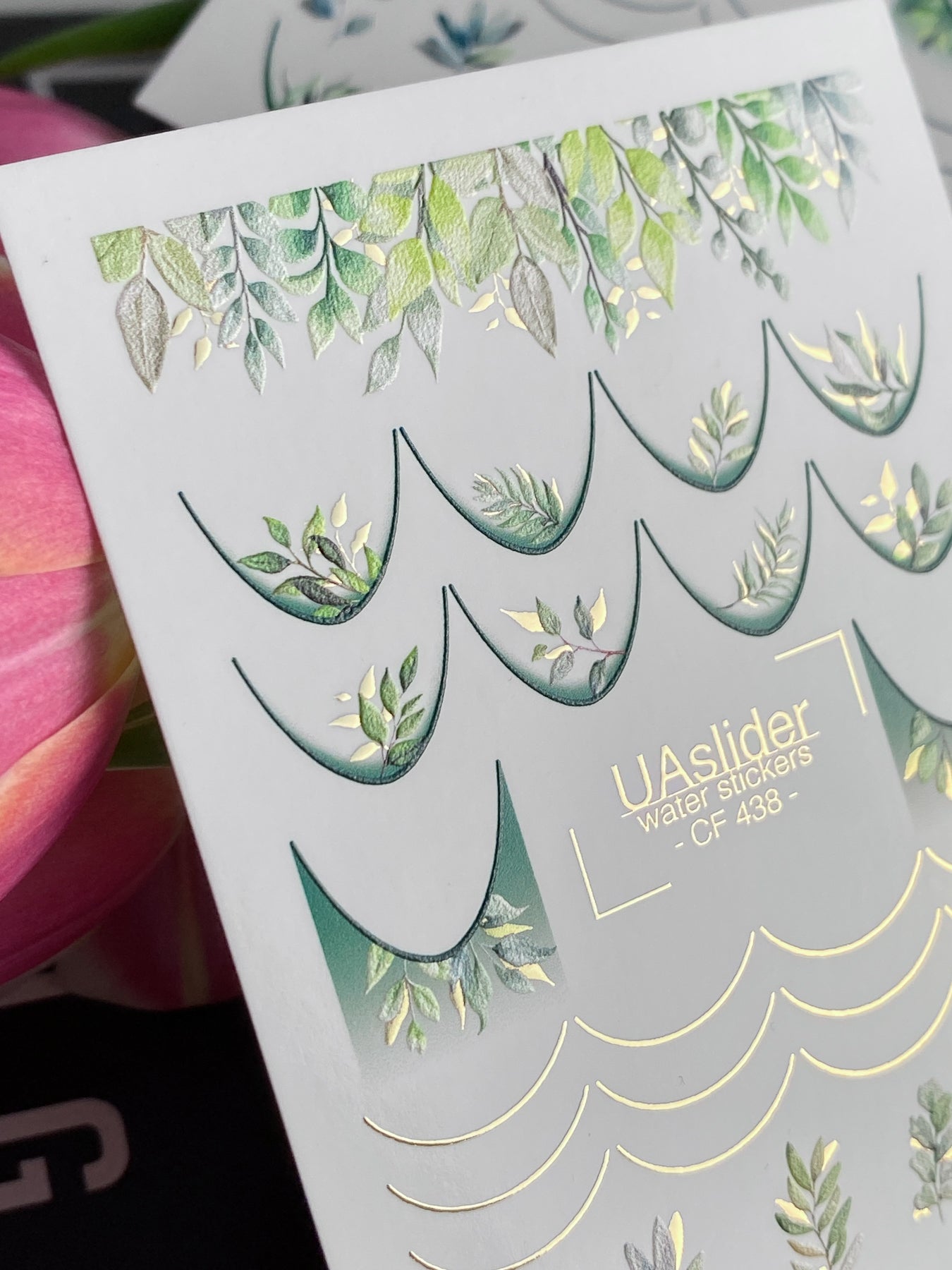 Décalcomanie d'ongles à l'eau CF-438 | Décalcomanies d'ongles à glissière à l'eau françaises feuilles vertes | Art d'ongles botanique inspiré de la nature