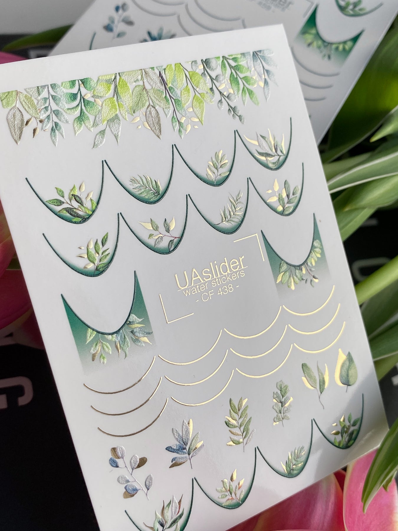 Décalcomanie d'ongles à l'eau CF-438 | Décalcomanies d'ongles à glissière à l'eau françaises feuilles vertes | Art d'ongles botanique inspiré de la nature