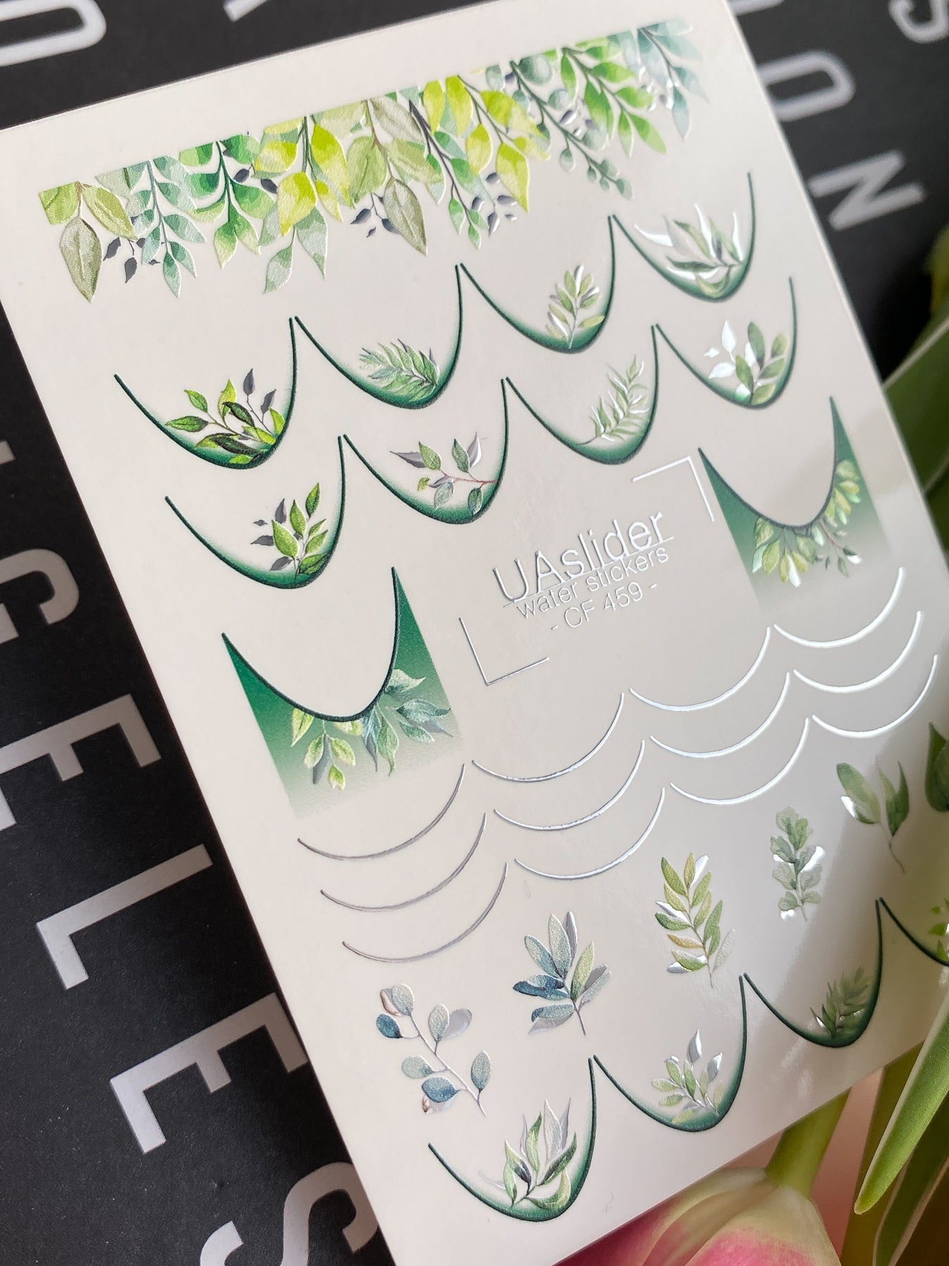 Nagel Wasserabziehbild CF-459 | Botanische Wasserfolien Nagelabziehbilder | Grüne Blätter Französische Spitzen