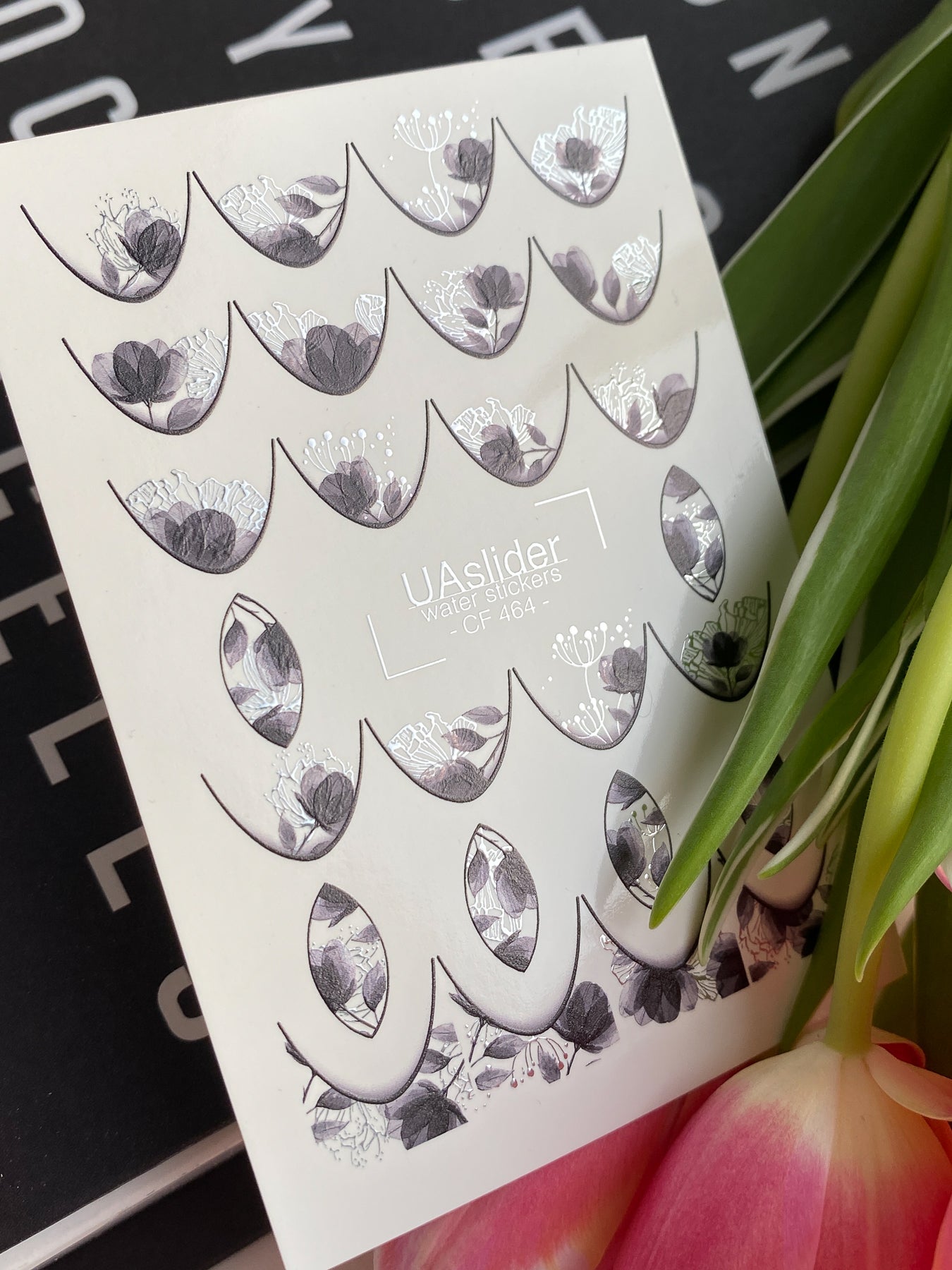 Nagel Wasserabziehbild CF-464 | Französische Wasserfolien-Nagelabziehbilder | Schwarz & Silber Blumenmuster Französische Spitzen
