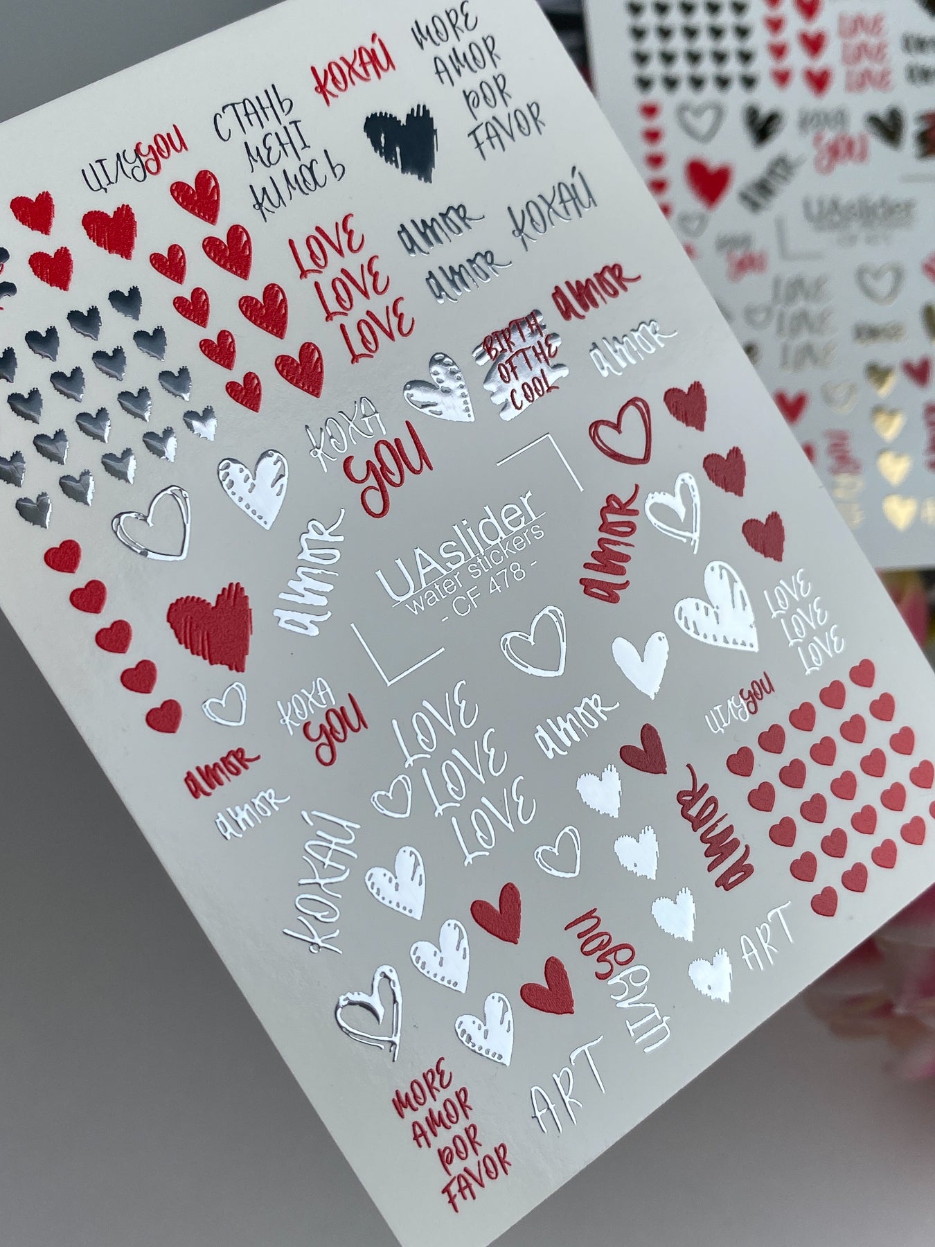 Nagel Water Decal CF-478 | Liefde Nagel Water Decals | Rode, Zwarte & Zilveren Harten met Citaten