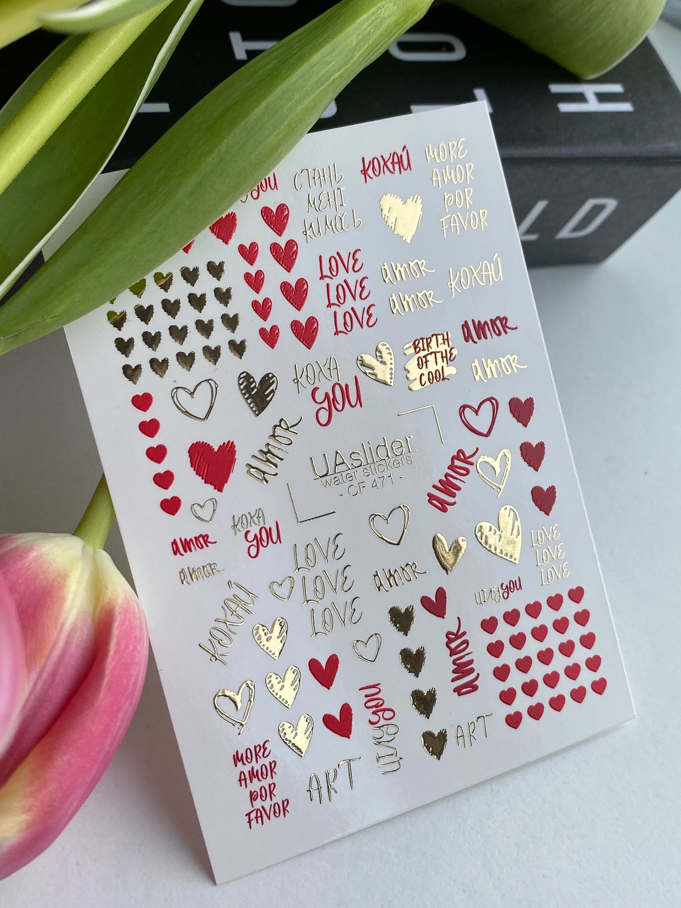 Nagel Water Decal CF-478 | Liefde Nagel Water Decals | Rode, Zwarte & Zilveren Harten met Citaten