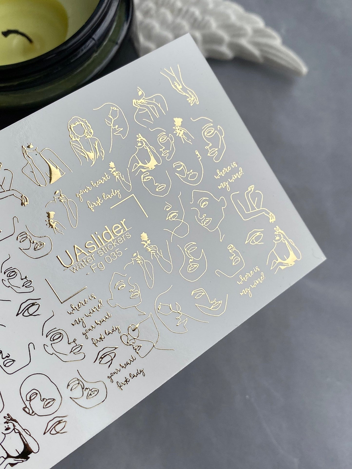 Nagel Wasserabziehbild Fg-035 | Abstrakte Gesichter Nagel Wasserabziehbilder mit Goldlinienkunst | Minimalistische Moderne Nageltattoos