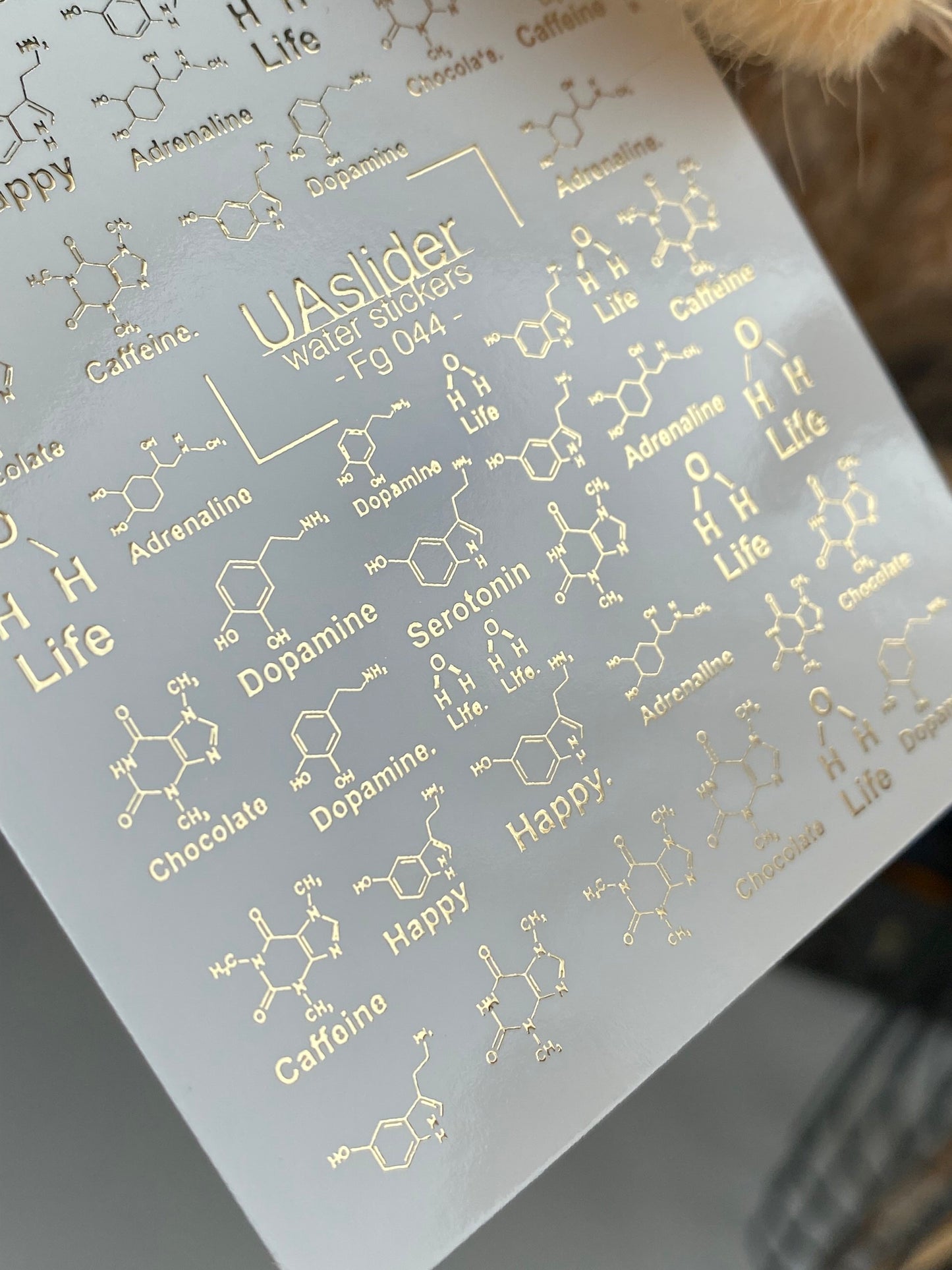Nagel-Wasserabziehbild Fg-044 | Wissenschaftliche Wasser-Schiebefolien-Nagelabziehbilder | Goldene Moleküle und Chemie-Designs