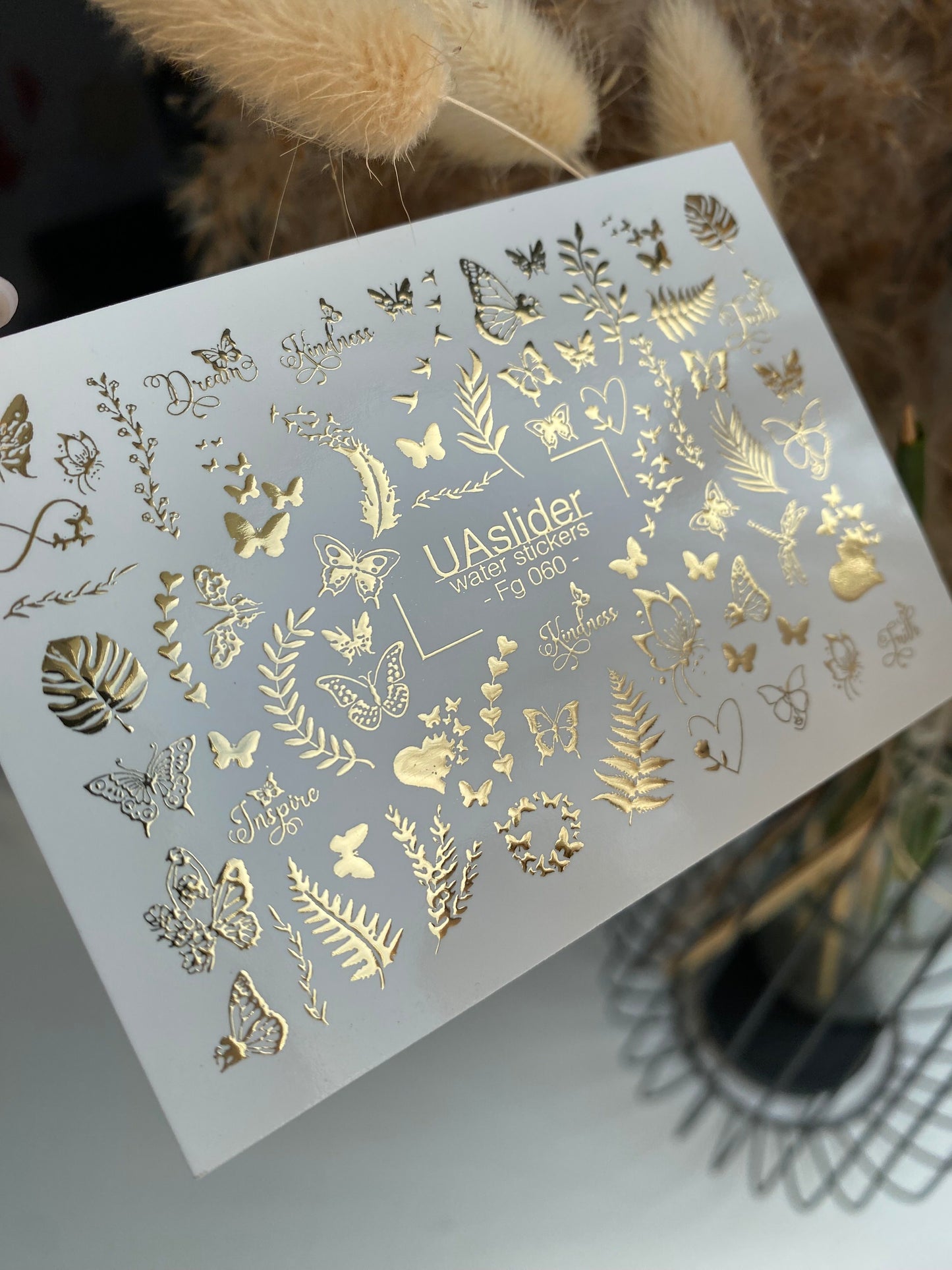 Nagel Wasserabziehbild Fg-060 | Goldfolie Wasser-Schiebefolie Nagelabziehbilder | Schmetterlinge & Blätter