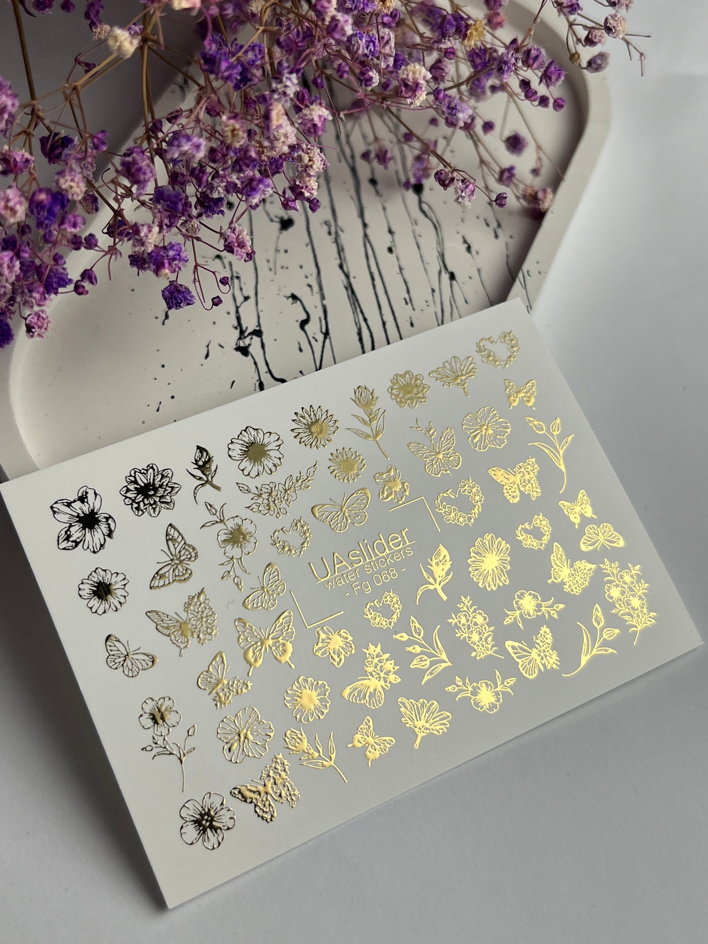 Nagel Wasserabziehbild Fg-068 | Goldfolie Wasserabzieh-Nagelaufkleber | Blumen & Schmetterlinge
