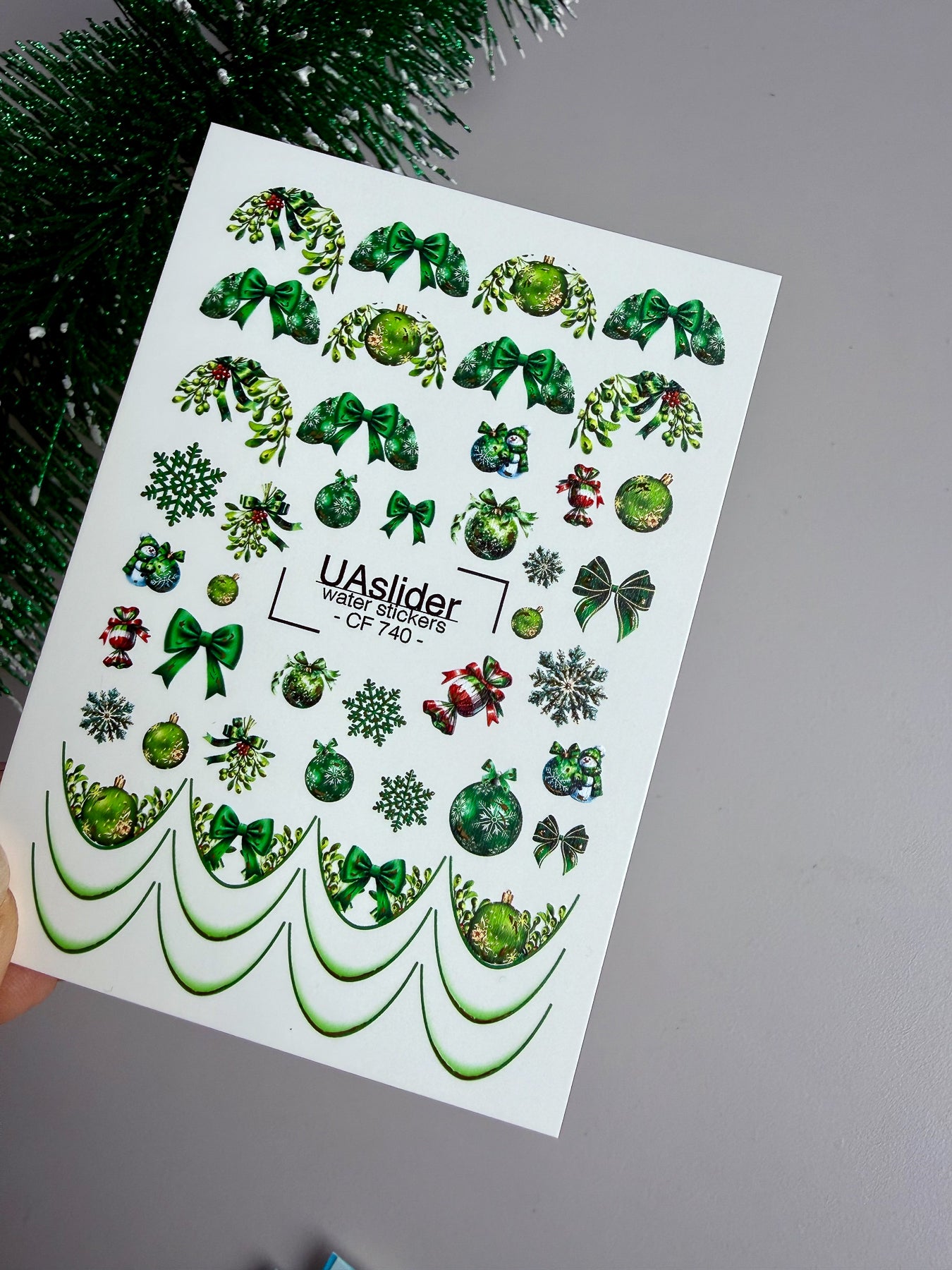 Nagel Water Decal CF-740 | Water Slide Nagel Decals | Groene Kerstversieringen en Feestelijke Strikken