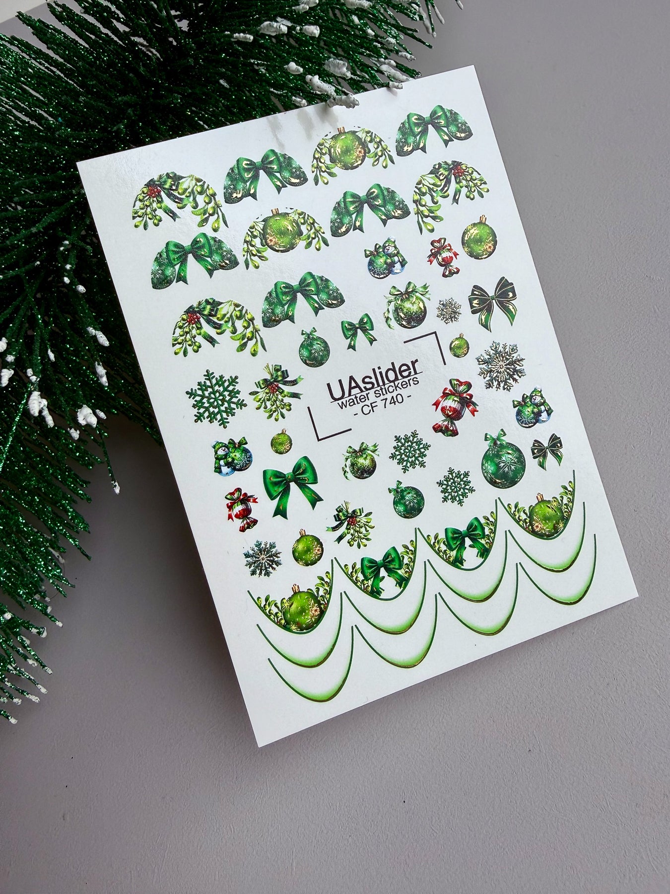Nagel Water Decal CF-740 | Water Slide Nagel Decals | Groene Kerstversieringen en Feestelijke Strikken