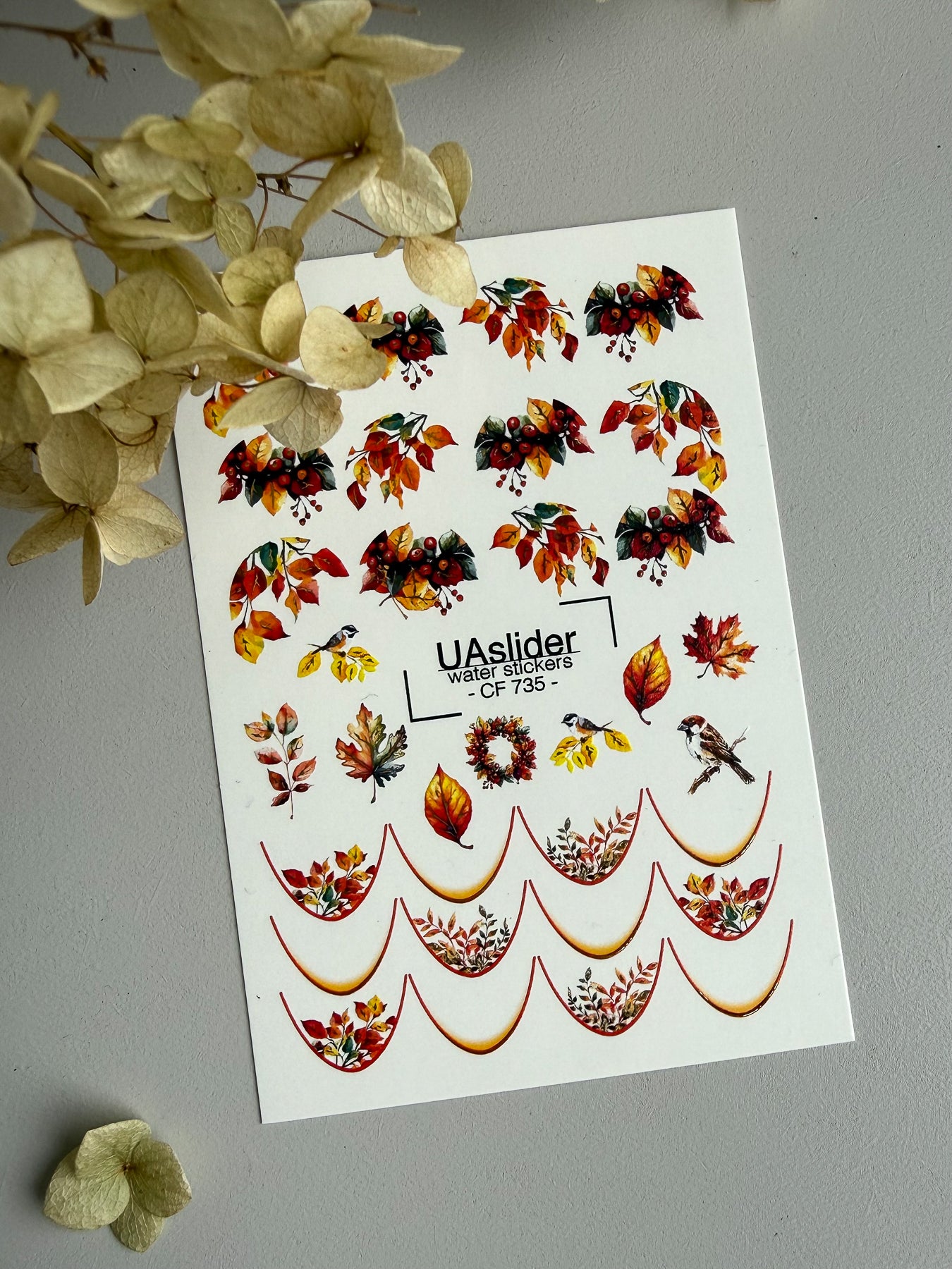 Nagel Wasserabziehbild CF-735 | Wasserfolien Nagelabziehbilder | Design mit Herbstblättern und Vögeln