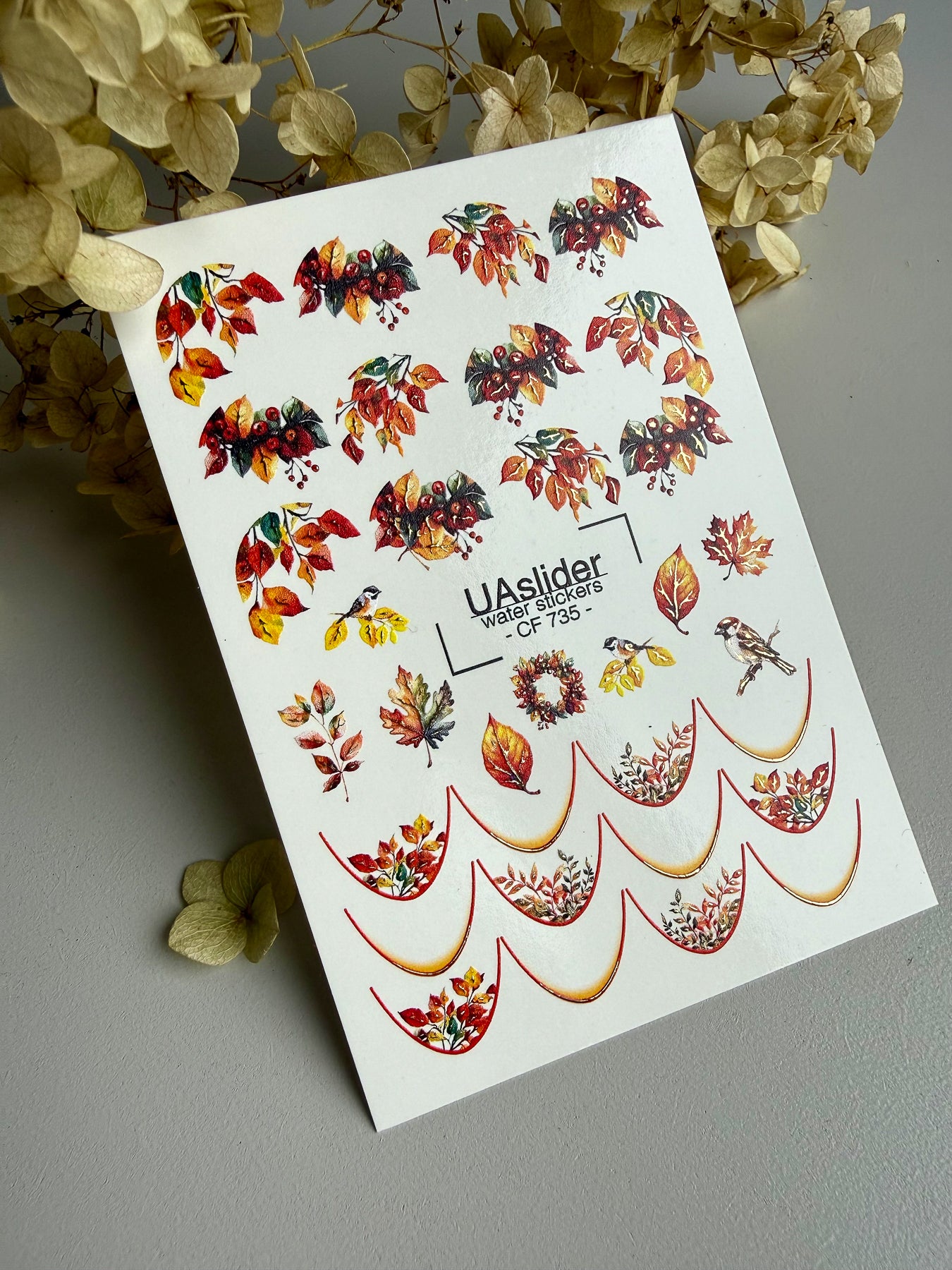 Nagel Wasserabziehbild CF-735 | Wasserfolien Nagelabziehbilder | Design mit Herbstblättern und Vögeln