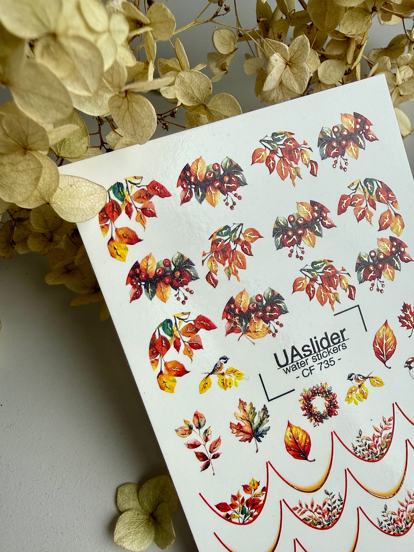 Nagel Wasserabziehbild CF-735 | Wasserfolien Nagelabziehbilder | Design mit Herbstblättern und Vögeln