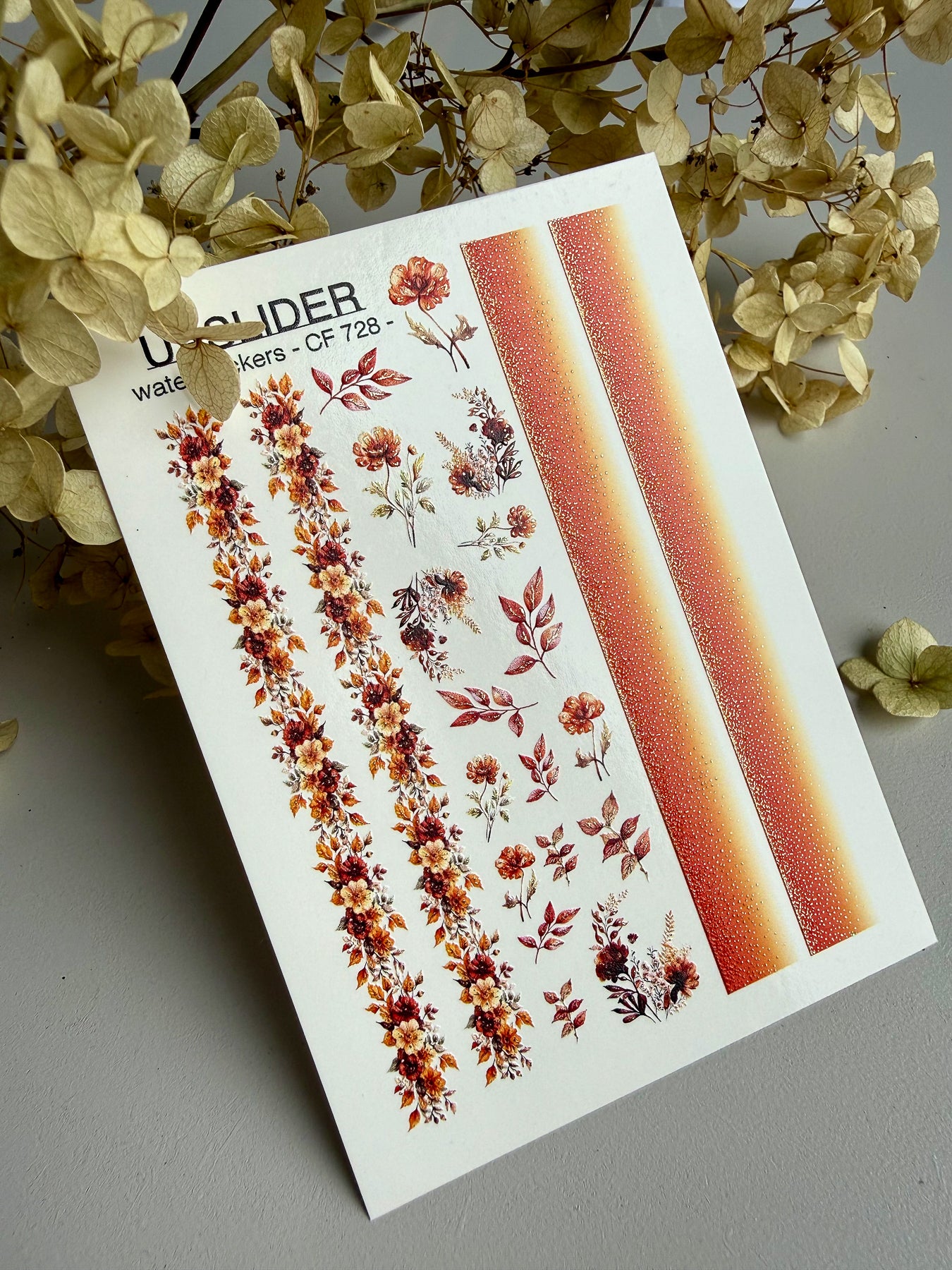 Nagel Wasserabziehbild CF-728 | Wasserfolien Nagelabziehbilder | Herbstliche Blumenstreifen Nagelkunst in warmen Farbtönen