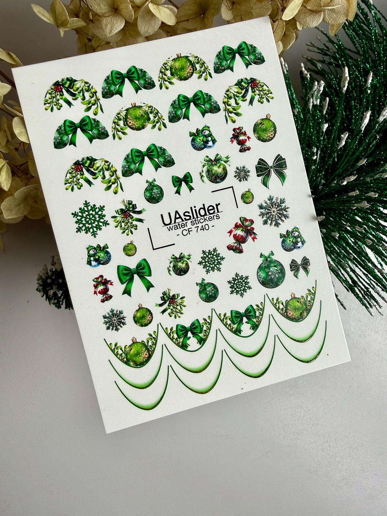 Nagel Water Decal CF-740 | Water Slide Nagel Decals | Groene Kerstversieringen en Feestelijke Strikken