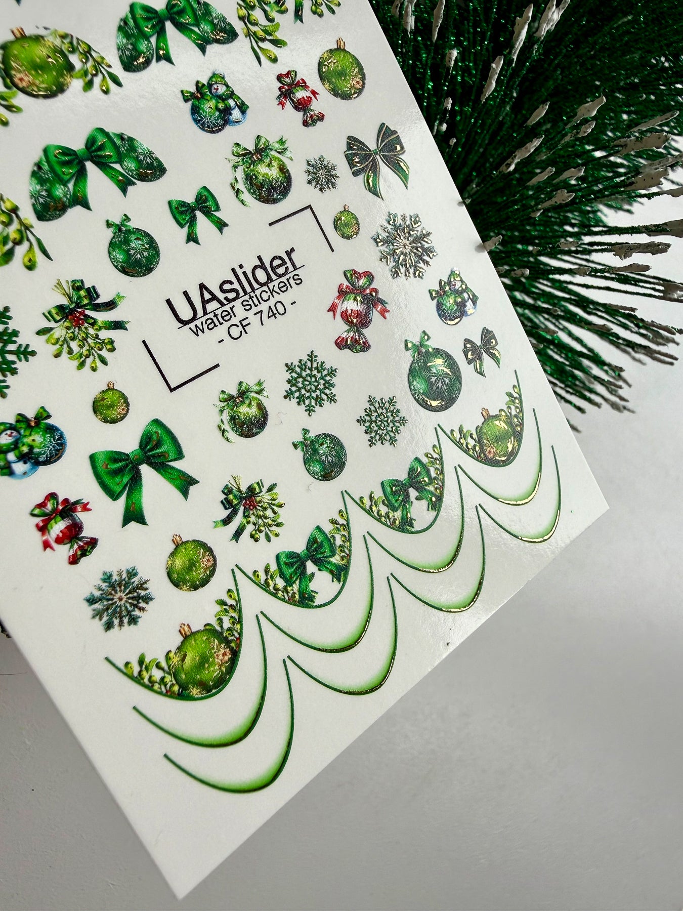 Nagel Water Decal CF-740 | Water Slide Nagel Decals | Groene Kerstversieringen en Feestelijke Strikken
