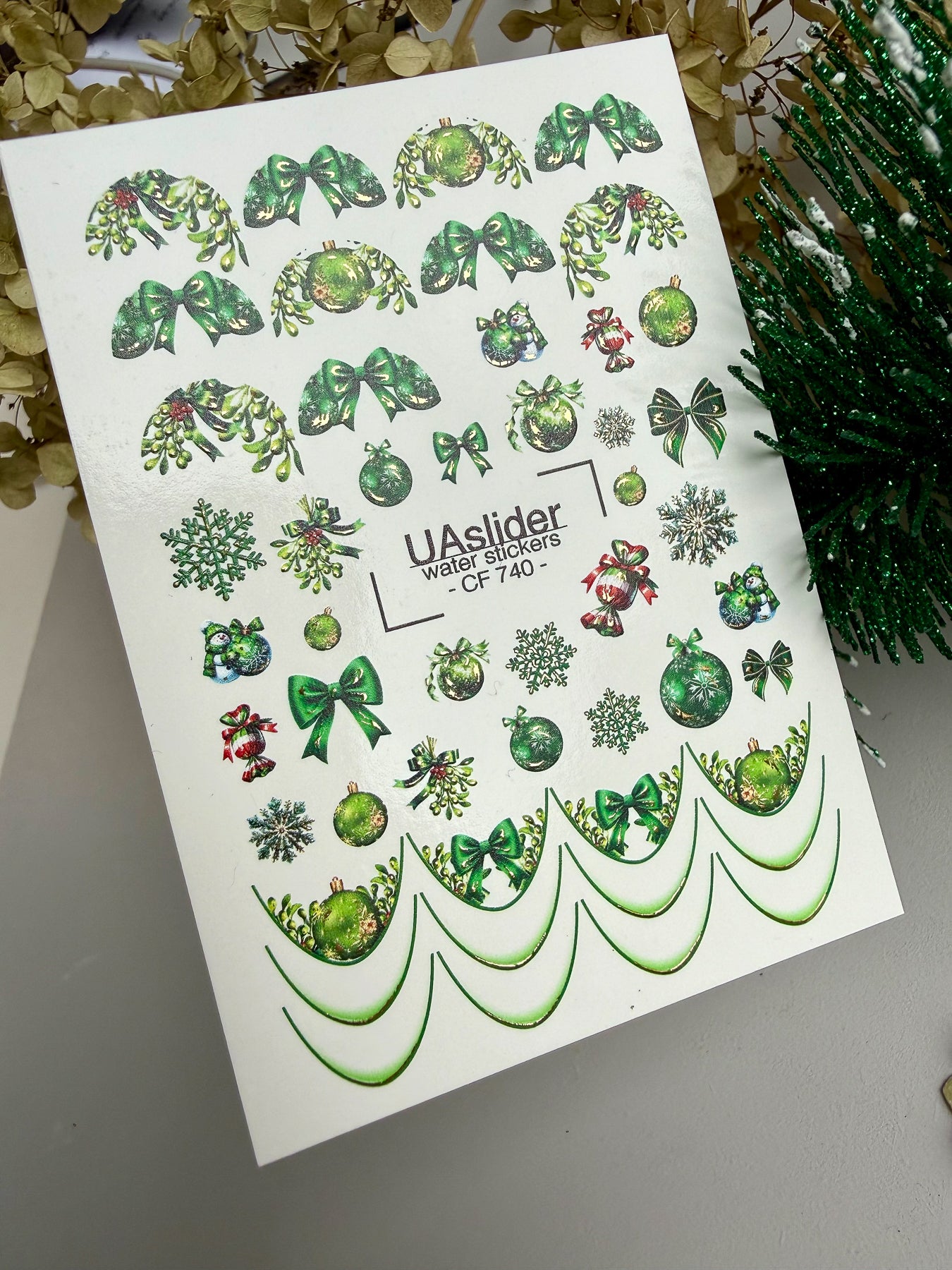 Nagel Water Decal CF-740 | Water Slide Nagel Decals | Groene Kerstversieringen en Feestelijke Strikken