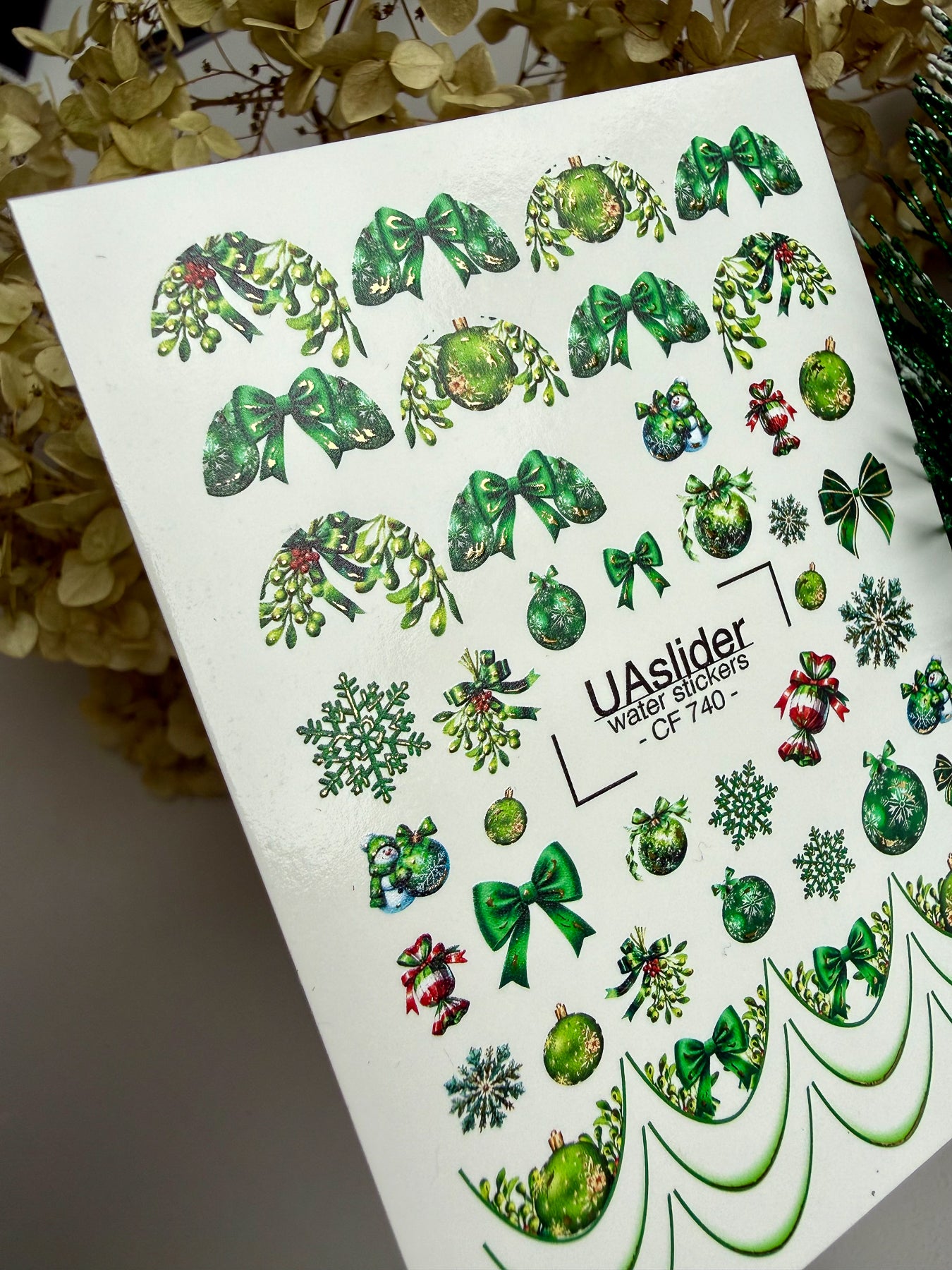 Nagel Water Decal CF-740 | Water Slide Nagel Decals | Groene Kerstversieringen en Feestelijke Strikken