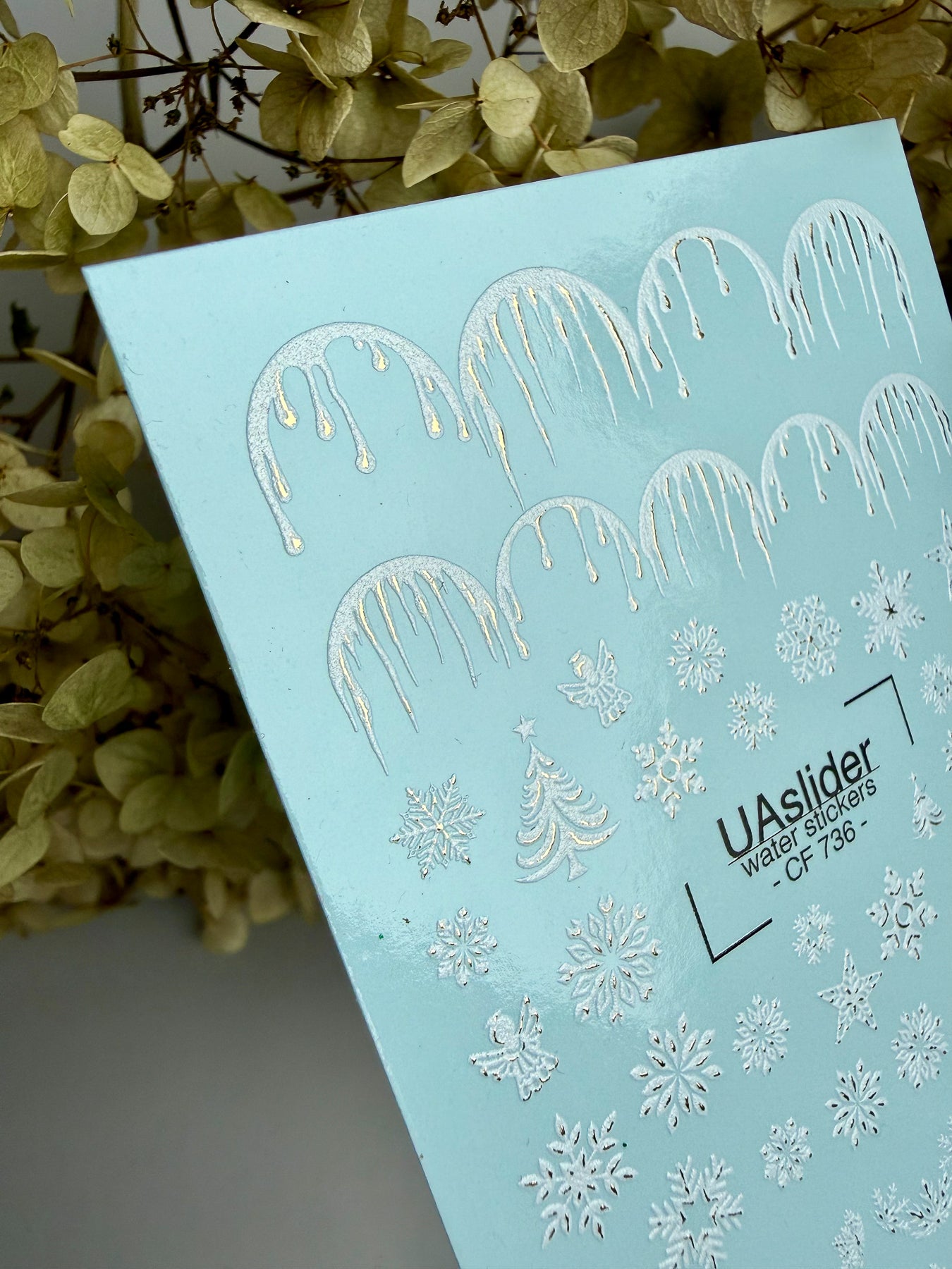 Adesivo para Unhas CF-736 | Adesivos para Unhas Deslizantes na Água | Design de Flocos de Neve Prateados e Pingentes de Gelo