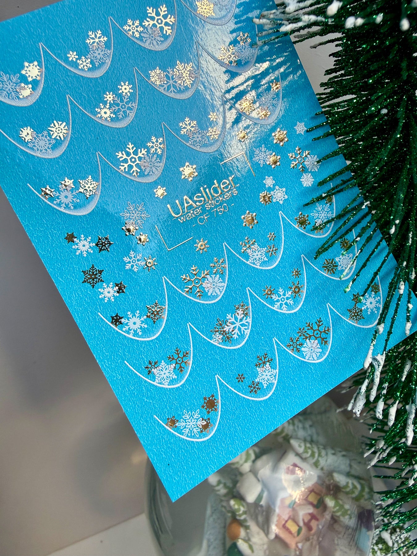 Nail Water Decal CF-750 | Water Slide Nail Decals | Gold and White Snowflake French Tips