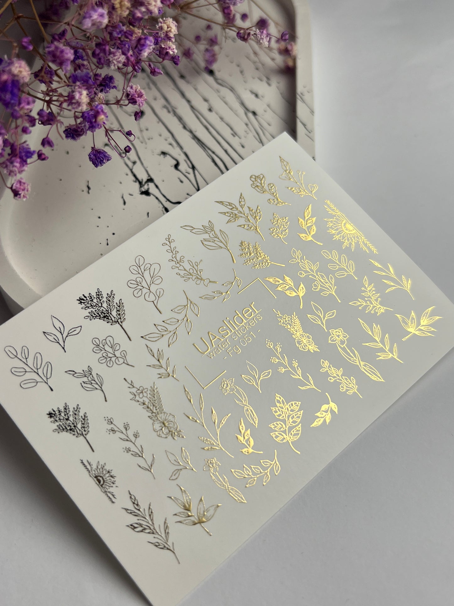Nagel Wasserabziehbild Fg-051 | Wasserfolien Nagelaufkleber Gold Botanisch | Florale Zweige und Blätter Nagelkunst