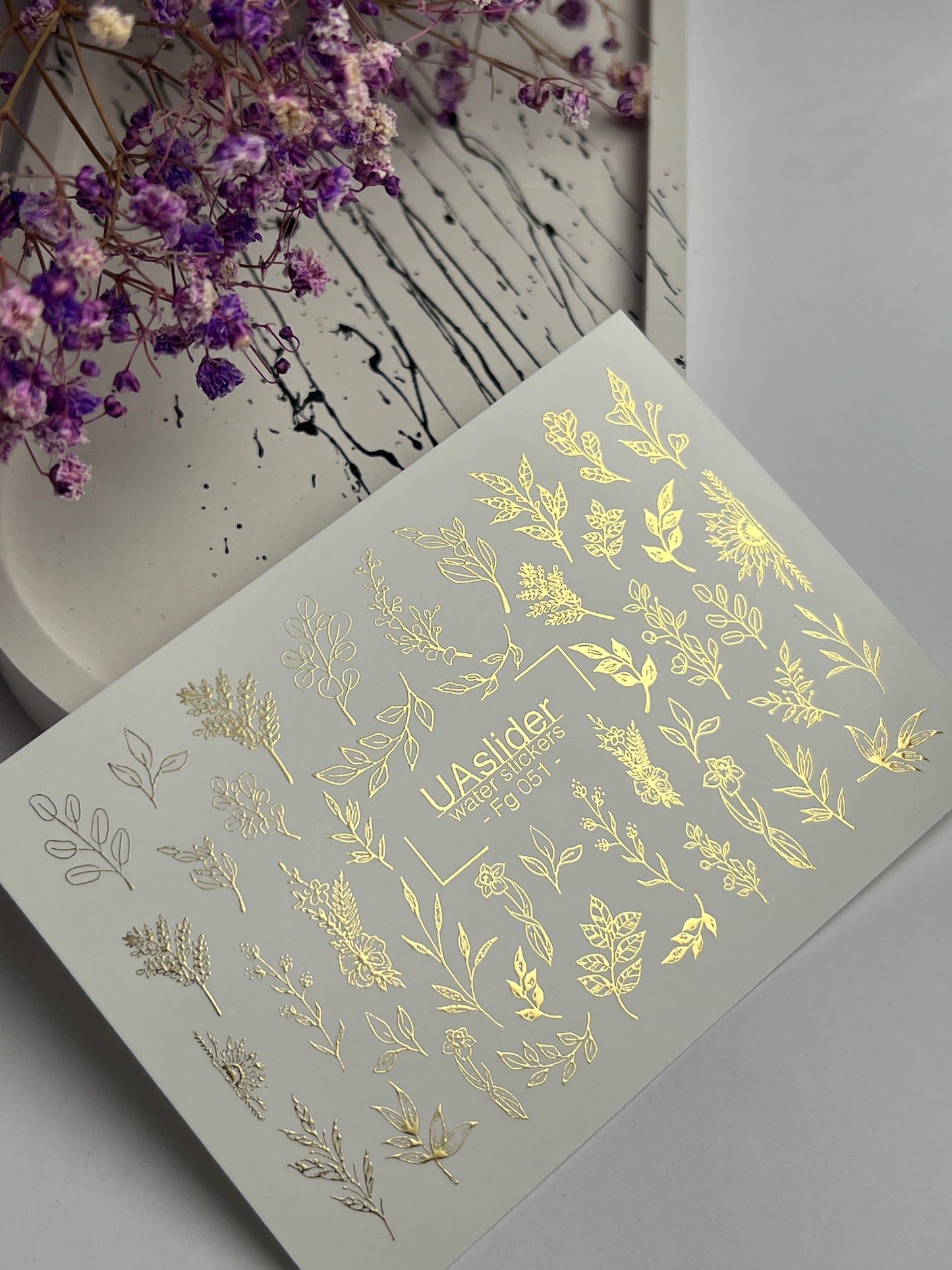 Nagel Wasserabziehbild Fg-051 | Wasserfolien Nagelaufkleber Gold Botanisch | Florale Zweige und Blätter Nagelkunst