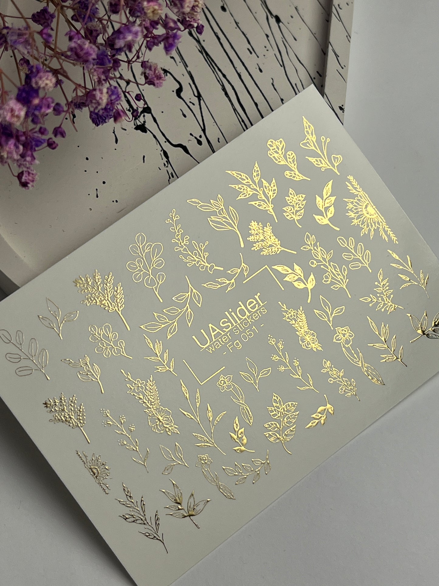 Nagel Wasserabziehbild Fg-051 | Wasserfolien Nagelaufkleber Gold Botanisch | Florale Zweige und Blätter Nagelkunst