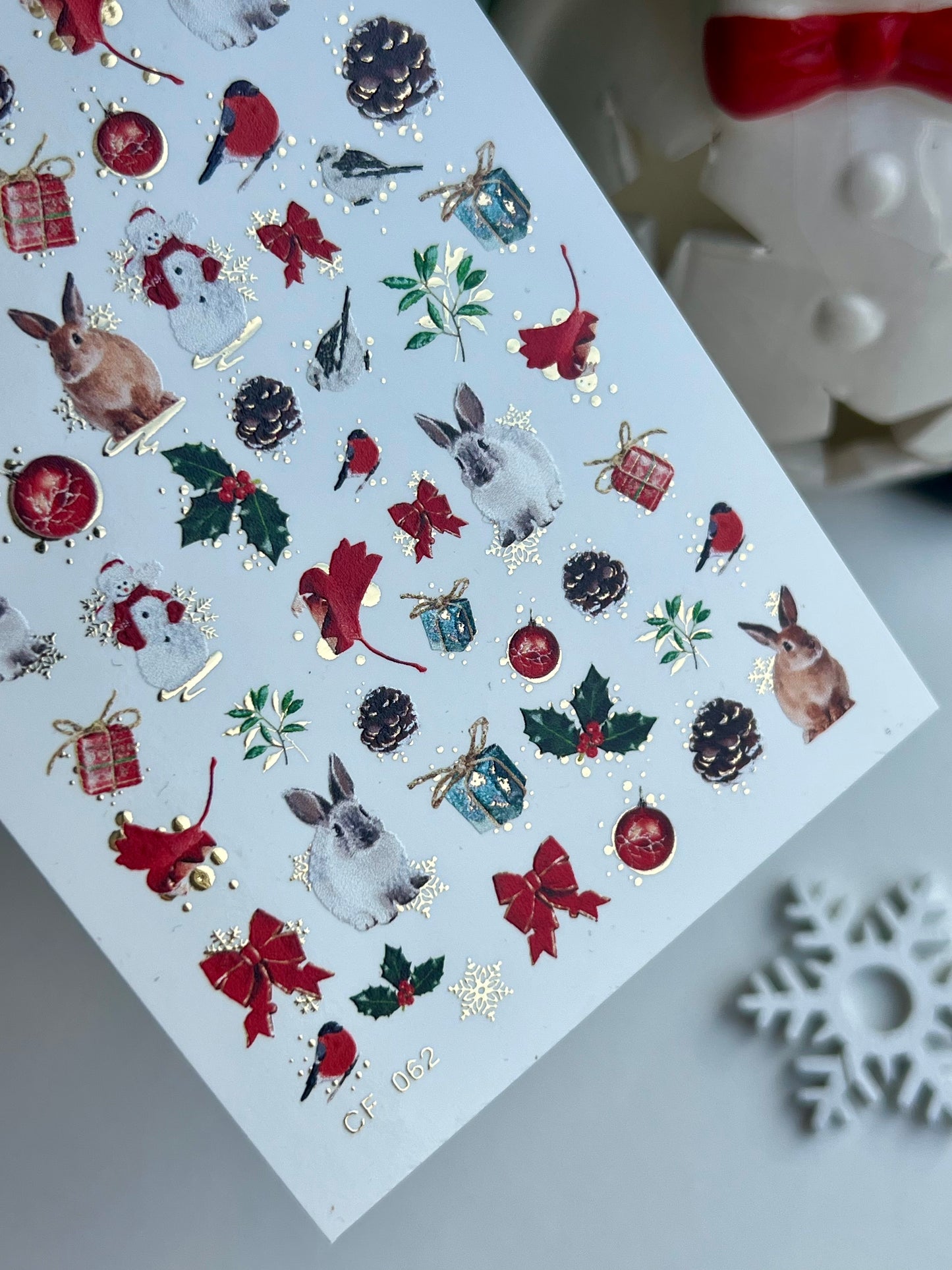 Nail Water Decal CF-062 | Christmas Nail Water Decals | Rabbits, Birds, Pinecones and Holiday Elements